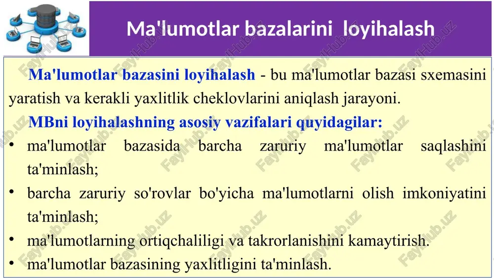 yatlarning qiymatlari obyektlarni turkumlashga, ya'ni umumiy xususiyatlarga ega bo'lgan obyektlarni ma’lum turiga yoki sinflariga birlashtirishga imkon beradi. ushbu turlar (sinflar) o'zlari ham predmet soha mohiyat-obyekti, ammo, o'xshash ob'ektlar nusxalari to'plamining xususiyatlarini umumlashtiradigan abstrakt mohiyat hisoblanadi. ushbu sinfning nusxa bo'lgan mohiyat-sinf va mohiyat o'rtasidagi munosabatlar abstrakt-konkret yoki umumiy-xususiy munosabatlar deb ataladi. 12 infologik loyihalash shunday qilib, predmet sohasining infologik modelini qurishning dastlabki bosqichida quyidagi vazifalar hal qilinadi: ma'lumotlar bazasiga ma’lumotlari yozilishi kerak bo'lgan predmet sohasidagi mohiyat-obyektlar ajratiladi ajratilgan mohiyat-obyektlarining alohida nusxalarini identifisiyalash xususiyatlari aniqlanadi; alohida obyektlarni (nusxalarni) obyektlar sinflari yoki tiplari bo'lgan abstrakt mohiyatlarga birlashtirishga imkon beradigan xususiyatlar ajratiladi. 13 infologik loyihalash ko'pincha ma'lumotlar bazasining kontseptual modeli quyidagilarni o'z ichiga oladi: predmet sohasining axborot obyektlari yoki tushunchalari tavsifi va ular o'rtasidagi aloqalarni; yaxlitlik cheklovlarining tavsifi, ya’ni ma'lumotlar qabul qilinadigan qiymatlari va ular o'rtasidagi aloqalarga qo‘yiladigan talablarni. 14 “mohiyat-aloqa” modeli infologik modelni qurishda 1976 yilda p.chen tomonidan taklif qilingan “mohiyat-aloqa” modeli (ing. …