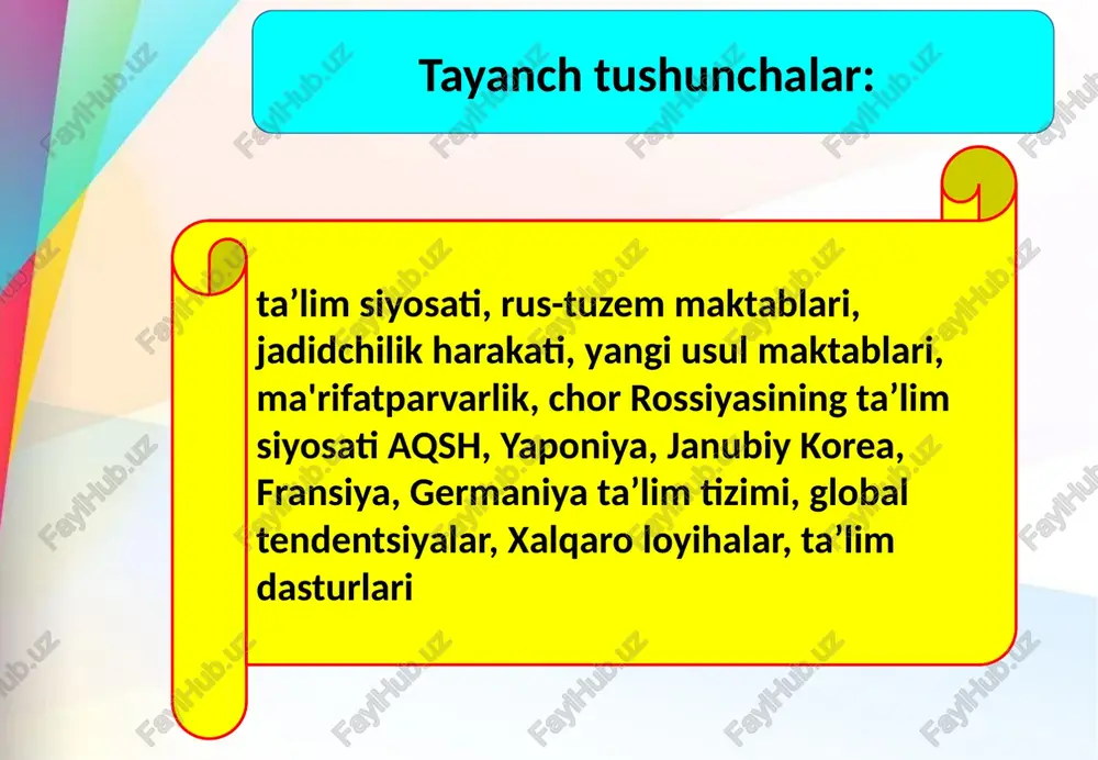 ariga imkon berilishi kam miqdorda bo’lsada, qizlar ta’limiga ijobiy ta’sir o’tkazdi. xix asr 70 yillarida toshkent va chimkentda qizlar uchun bo’lim hamda hunarmandchilik sinflari, kazalinskda qizlar uchun yakshanba sinflari bo’lgan boshlang’ich bilim yurtlari tashkil etildi. ushbu bilim yurtlarining barchasi muayyan rejalarsiz, asosan, o’lkadagi rus aholisining ta’lim olishga bo’lgan ehtiyojini qondirish maqsadida tashkil etilgan edi. chor rossiyasining ta’lim siyosati. yerli xalqning aksariy qismi, ba'zi rusparast boy-zodagonlarni hisobga olmaganda, o'z bolalarini rus-tuzem maktablariga berishning oqibatlaridan cho'chir edi. bu maktablarda birinchi navbatda pravoslav mahzabinig asoslari, rus tili, podshoni ulug'lovchi madhiyalar o'rgatilgani uchun mahalliy xalq bu ochiqdan-ochiq dinbuzarlikdan qochib o'z farzandlarini rus-tuzem maktablariga bermasdi. buni o’z vaqtida sirdaryo viloyatidagi rus maktablarini taftish etgan chor amaldori n.k. smirnov ham qayd etgan edi. u ruslashtirishga yo'naltirilgan ta'lim siyosatining muvaffaqiyatsizligi sabablarini quyidagicha izohlaydi va yozadi: - yerli aholining shaharlardagi rus maktablarining qabul qilmaganligi sababi ularning dasturlarida musulmoncha savod darslari yo'qligi, darslar bolalar uchun tushunarsiz bo'lgan rus tilida …