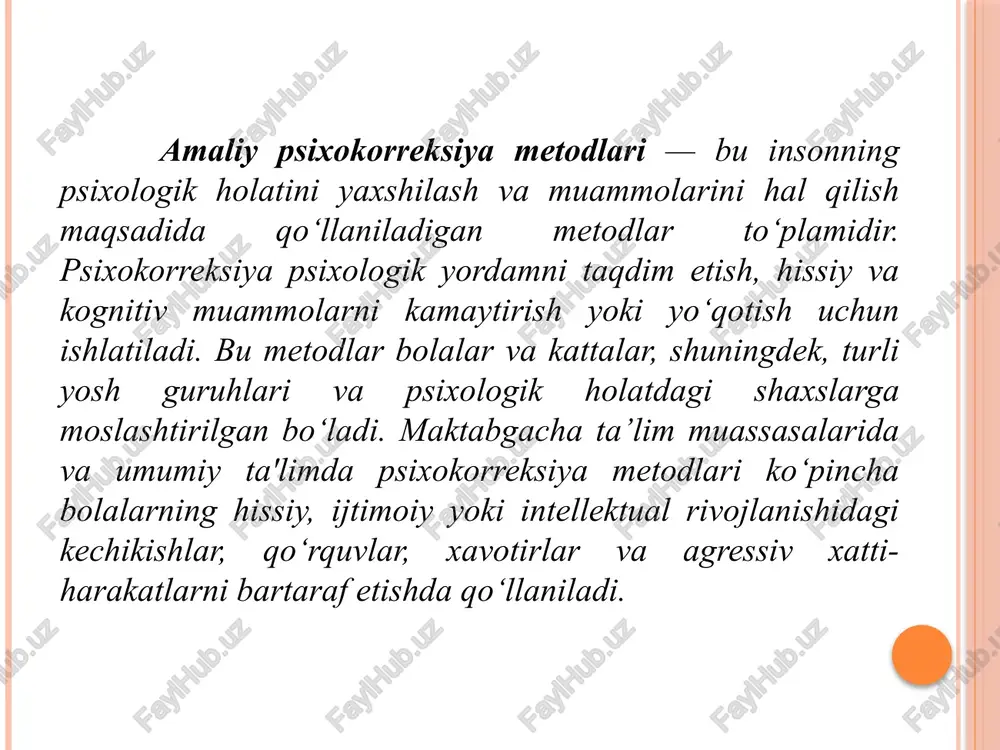 masalan, o‘yinchoqlar, rassomchilik materiallari, o‘yin kartochkalari yoki qurilish bloklaridan foydalanadi. bu materiallar bolaning his-tuyg‘ularini ochib berish va terapevtik jarayonni rivojlantirishda muhimdir. terapevtik munosabat: psixolog bola bilan o‘ynashda ehtiyotkorlik bilan munosabatda bo‘lishi kerak. bola psixologdan to‘g‘ri yo‘nalishlar va yordamni kutadi. psixologning vazifasi bola bilan aloqada bo‘lish va uning his-tuyg‘ularini tushunishga harakat qilishdir. o‘yin jarayonini tahlil qilish: o‘yin davomida psixolog bola tomonidan ko‘rsatilgan reaktsiyalarni tahlil qiladi va bola his-tuyg‘ularining qanday ifodalanayotganini kuzatadi. bu tahlil asosida psixolog bolaning muammolariga yechim topadi. o‘yin terapiyasining foydalari his-tuyg‘ularni ifodalash: o‘yin orqali bola o‘z his-tuyg‘ularini ochiq va erkin ifodalash imkoniyatiga ega bo‘ladi. xavotir va qo‘rquvlarni yengish: bola o‘yin orqali qo‘rquvlarini yengish va xavotirlarni bartaraf etish usullarini o‘rganadi. stressni kamaytirish: o‘yin bolaga ichki stressni kamaytirishga yordam beradi va u xavotirli vaziyatlarni boshqarish yo‘llarini o‘rganadi. ijtimoiy ko‘nikmalarni rivojlantirish: bola o‘yin davomida ijtimoiy ko‘nikmalarni rivojlantiradi, boshqalar bilan o‘zaro aloqalar o‘rnatadi. o‘zini anglash: o‘yin terapiyasi bola o‘zining ichki dunyosini anglashga yordam …
