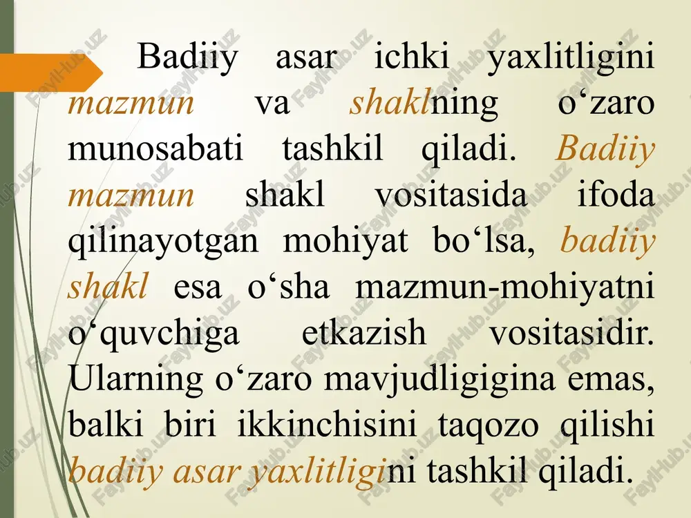 ko‘proq uning syujeti va obrazlar tizimida aks etgan bo‘ladi. sarlavha mavzuga ishora qiladi, uni ko‘rsatadi lekin to‘liq ifoda qilib bermaydi. badiiy asar fikr bermasligi mumkin, lekin unda g‘oya boladi. asarning goyasi asar orqali ifodalanayotgan fikr bo‘lsada, u yalang‘och holida kitobxonga aytilgan yozuvchining o‘giti yoki tushunchasi emas. asar g‘oyasi obrazlar orqali ifoda qilinar ekan, u nafaqat fikr balki kitobxonga tuyg‘ular etkazishi ham mumkin. qisqa qilib aytganda, mavzu “gapiradi”, g‘oya “chaqiradi”. muammo – badiiy asarga tortilgan uning bayoni davomida echilishi mumkin bo‘lgan yoki echilmasada echimi ko‘rsatiladigan masalalardan iborat. muammolarning qo‘yilishi va echimi ko‘proq, epik va voqeaband asarlarga tegishli. tendensiya – adabiyot tarixida yoki adabiy jarayonda amal qilinayotgan taomil, an’anaviylikning zamonaviy ko‘rinishi. asarning muayyan bir pafos shakliga bog‘liqligi, adabiy yo‘nalishga mansubligidir. konkret badiiy asar mazmuniga ta'sir etuvchi muhim omillardan biri ijodkor dunyoqarashidir. inson voqelikni, unda yuz berayotgan hodisalarni o`zining dunyoqarashi bilan bog`liq holda ko`radi. shunga ko`ra, biz "real voqelik" deb atayotgan narsa turli …