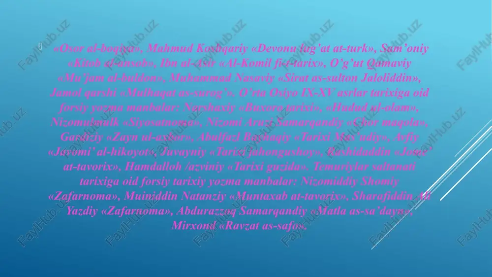 t etishdan bosh tortdilar. mamlakatda yuz bergan ijtimoiy-siyosiy parokandachilikdan qoraxoniylar ustalik bilan foydalandilar. ular 996 yili zarafshonning shimoliy tarafidagi barcha yerlarni, 999 yili esa buxoroni ishg’ol etib, somoniylar hukmronligiga barham berdilar. qoraxoniylar (x asrning 90-yillarida sharqiy turkiston, yettisuv va tyanshanning janubiy qismida tashkil topgan feodal davlatga asos solgan sulola) 996-999 yillari nasr ibn ali (1012-yili vafot etgan) boshchiligida butun movarounnahrni egalladi. faqat somoniylar lashkarboshisi abu ibrohim ismoil (muntasir) 1001 yilgacha qoraxoniylar bilan kurashdi, lekin ulardan ustun kelolmadi. nasr ibn alidan keyin movarounnahrni iligxon ali takin(1034 yilning kuzida vafot etgan) idora qildi. 1025 yili koshg’ar xoni qodirxon (tamg’ochxon) bilan mahmud g'aznaviy (998-1030-yy.) birgalikda movarounnahr ustiga yurish boshladilar. ali takin buxoro va samarqandni qoldirib cho’lga chekinishga majbur bo’ldi. ittifoqchilar movarounnahrda o’zlarining harbiy-siyosiy mavqelarini mustahkamlay olmadilar va uni tashlab chiqishga majbur bo’ldilar. o’rta osiyoning xvi-xix asrlar tarixiga oid fors-tojik tilidagi yozma manbalar: mulla shodiy «fathnoma», fazlulloh ibn ruzbexon «mehmonnomai buxoro», xondamir «habib as-siyar», …