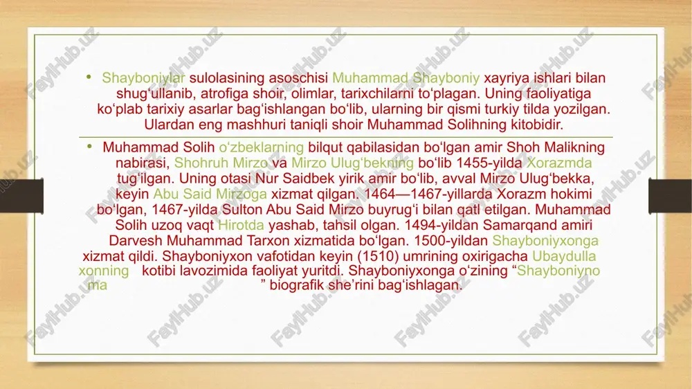 , rahm-shafqat koʻrsatish, ezgu amallarni bajarishni oʻz ichiga olgan. shayboniyxon musulmon urf-odatlari va dindor musulmonlarning kundalik vazifalarini mukammal bilishini koʻrsatadi[5]. shayboniyxon 1507-yilda oʻrta osiyo turkiy-chigʻatoy tilida “risolayi maorifi shayboniy” nomli nasriy asar yozgan. xurosonni qoʻlga kiritganidan soʻng koʻp oʻtmay va uning oʻgʻli muhammad temurga bagʻishlangan (qoʻlyozma istanbulda saqlanadi). asarda islom qonunlarini bilish zarurligi, bu ilmning hukmdor uchun foydalari haqida soʻz boradi. bu asarida shayboniyxon ham oʻzini ahmad yassaviy soʻfiylik taʼlimoti tarafdori sifatida koʻrsatdi[6]. istoriya vostoka. — t. 4. vostok v novoe vremya (konets xviii — nachalo xx v.): kn. 1 / otv. red. l. b. alaev i dr. — m.: izdatelskaya firma «vostochnaya literatura» ran, 2004. ↑ alisher navoiy. majolis un-nafois. iqtibos: «va mavlononing «zafarnoma» tarjimasida o'n ming baytdin ortuqroq masnaviysi bor, bayozg'a yozmag'on uchun, shuxrat tutmadi». ↑ tavarix-i guzida-nusrat-name. issledovanie, kriticheskiy tekst, annotirovannoe oglavlenie i tablitsa svodnix oglavleniy a.m. akramova. t.: fan, 1967, s.13 ↑ a.j.e.bodrogligeti, «muhammed shaybânî’s bahru’l-huda …