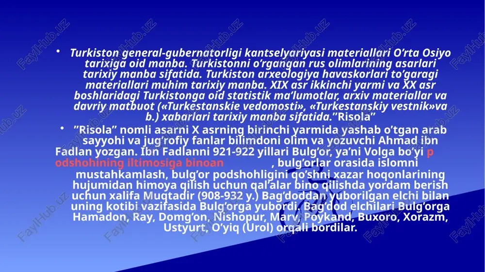 ham eronda o’sha vaqtda yozilgan. ulardan ayrim parchalar o’qut hamaviy hamda zakariya ibn muhammad qazviniy asarlari ichida saqlangan. bu parchalar nemischa tarjimasi bilan birga f.vyustenfeld (1942) hamda k.shlyotser (1844) tomonidan chop etildi. abu dulaf va uning asarlari mashhur sharqshunos olimlar diqqat e’tiborini qozongan. “risolat ul-uxro” rus tiliga tarjima qilingan (1860). o’rta osiyo haqida xvii asrgacha yozilgan yevropa tillaridagi yozma ma’lumotlar: sayyoh va elchilar marko polo, rui gonsales de klavixo va antonio jenkinson kundaliklari. xvii-xviii asrlar rus va yevropa tillaridagi manbalarda o’rta osiyo tavsifi: i.d.xoxlov ma’lumotlari; «kniga bolshomu cherteju»; b.a.pazuxin va s.i. pazuxin ma’lumotlari; florio benevini axboroti; v.n.tatig’ev «leksikon geograficheskoy i politicheskoy»; d.gladhshev va muravin ma’lumotlari; f.yefremov safarnomasi, t.burnashevning o’rta osiyoga safari xotiralari; f.nazarov safarnomasi; n.muravev ma’lumotlari; ye.k. meyendorf safarnomasi; g.spasskiy «aziatskiy vestnik» materiallari va boshqalar. o’rta osiyoning xix asr ikkinchi yarmida rossiya tomonidan istilo qilinishi. foydalanilgan adabiyotlar ro´yxati 1. ahmedov b. o‘zbekiston tarixi manbalari. - toshkent: “o‘qituvchi”. 2001. b. 7-14. …