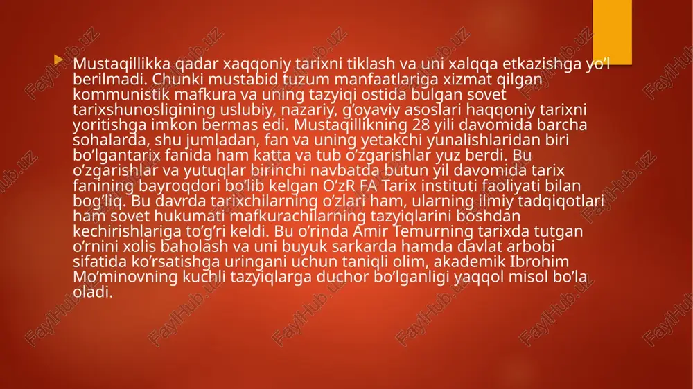 an birga moziyga hurmat bilan qarash, milliy tiklanish tafakkuri, yondashuv ruhini yoshlar dunyoqarashida shakllantirish lozimdir. kishilik jamiyatining tarixini,tarixiy voqea va hodisalarni o`rganishning muhim nazariy-metodologik asoslaridan biri jamiyat taraqqiyoti qonunlarini ochib beruvchi dialektik metoddir. insoniyat hayoti, jamiyat taraqqiyoti - dialektik jarayondir. dialektika amalda yagona va yaxlit,unda sodir bo`ladigan hodisalar, voqealar umumiy va bog’lanishda, ezluksiz harakatda, ziddiyatli taraqiyotda bo`ladi, deb ta‘lim beradi. dialektika juda uzoq tarixga ega, uning bilish nazariyasi sifatida shakllanishi va rivojlanishida geraklit, aristotel, muso al-xorazmiy, abu nasr farobiy, abu rayxon beruniy, abu ali ibn sino, ulug’bek, dekart, spinoza, gegel, gertsen va boshqa olim va ma‘rifatparvarlarning xizmati kattadir.ular tabiat, tarixiy va ma‘naviy dunyoni bir jarayon shaklida, ya‘ni ularni uzluksiz harakat qilib, o`zgarib, rivojlanib boradigan holda, taraqqiyotni ichki bog’lanishda olib o`rganish metodologiyasini yaratdilar. o’zbekiston tarixi xususan tarixshunoslik fanlari,boshqa ijtimoiy-gumanitar fanlar kabi, doimo harakatda bo`lib, o`zgarib, rivojlanib, boyib boradi. bu fanning yana shunday o`ziga xos xususiyati borki, tarixiy fan bo`lgani uchun ham, …