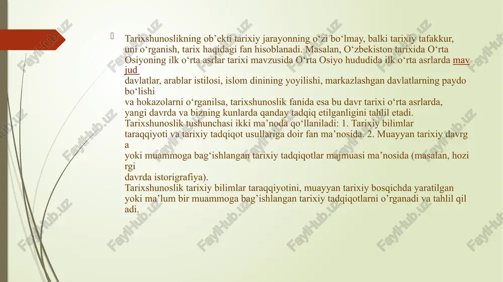 i xalqlardan qolgan yodgorliklar“ va „hindiston“, abu bakr narshaxiyning „tarixi buxoro“, sharafuddin ali yazdiyning „zafarnoma“, boburning „boburnoma“, muhammad yusufbek bayoniyning „tarixi xorazm“, „shajarai xorazmshohiy“, ahmad donishning „buxoro amirlarining tarjimai hollari“ va boshqalarda muayyan maʼlumotlarni umumlashtirishga, fakt va tarixiy jarayonlar bayonida tahliliy yondashuvga boʻlgan harakatlar kuzatiladi. tarixshunoslik - tarix fanining tarixini oʻrganuvchi fan. u tarixiy bilimlar taraqqiyotini, muayyan tarixiy bosqichda yaratilgan ilmiy mahsulotlarni yoki maʼlum bir muammoga bagʻishlangan tarixiy tadqiqotlarni oʻrganadi va tahlil qiladi. nafaqat tarix, balki maxsus tarix fanlari (masalan: sharqshunoslik, etnologiya, arxeologiya va boshqalar) tarixi bilan ham shugʻullanadi. bu fanning asosiy vazifasi tarix fani rivojini chuqur va har tomonlama xolisona anglashdan, muayyan taraqqiyot davrida toʻplangan tarixiy bilimlarni tahliliy tadqiq etishdan, amalga oshirilgan ishlarning natijasini chiqarishdan hamda shu asosda tadqiq etilgan dolzarb muammolarni aniqlab, kelgusi tadqiqotlarning yoʻnalishlarini belgilashdan, tarixchilarni muayyan tarixiy-ilmiy muammo doirasidagi adabiyotlarga yoʻnaltirishdan iborat. tarixshunoslik oʻtmishda kechgan va bugungi kunda sodir boʻlayotgan voqea-hodisalarning odamlar ongida qanday aks etishini, …