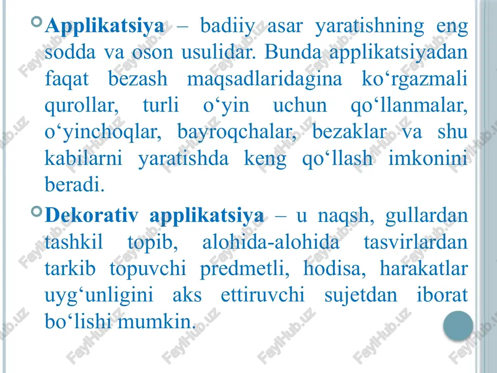 dan boshlanadi. applikatsiya ishida ochiq tondagi qog‘oz fon tarzida tanlanadi. applikatsiyaga qaratilgan asarning yaratilishi va elementlar miqdori qog‘ozni tanlashni belgilaydi. asarni yaratish ustida ishlagan asosiy e’tibor tanlangan mavzuning mazmuniga, kerakli materiallar, ularning o‘lchamlari, ranglarni tanlashga qaratiladi. asar hajmiga ko‘ra eng katta detal mavzuli detal bo‘lishi kerak. sujetli applikatsiya. sujetli applikatsiya asariga ko‘ra oddiy va murakkab bo‘lishi mumkin. murakkab sujetli applikatsiya – ertaklar, hikoyalar va shu kabilarga illustratsiya sifatida yasaladi. agarda sujet oddiy bo‘lsa, tasvirlarni oldindan belgilamasdan qirqish mumkin. murakkab sujetli applikatsiya ham sujet tanlashdan boshlanadi. agarda sujetni o‘quvchining o‘zi o‘ylab topgan bo‘lsa, bu rasmni chizish malakasiga ega bo‘lsa, unda avval sujetning rasmi, so‘ngra rasmlar detallari chiziladi va qirqib olinadi. ayrim detallar turli ra- ngdagi qog‘ozlardan qirqiladi. agarda o‘quvchi rasmni yaxshi chiza olmasa, u tanlagan rasmdan qora qog‘oz yordamida nusxa ko‘chirishi mumkin. bu rasm ayrim detallarga ajratiladi, rangli qalam bilan har bir detalning atrofi chizib chiqiladi. ularni qirqib olib, sujet yoki …