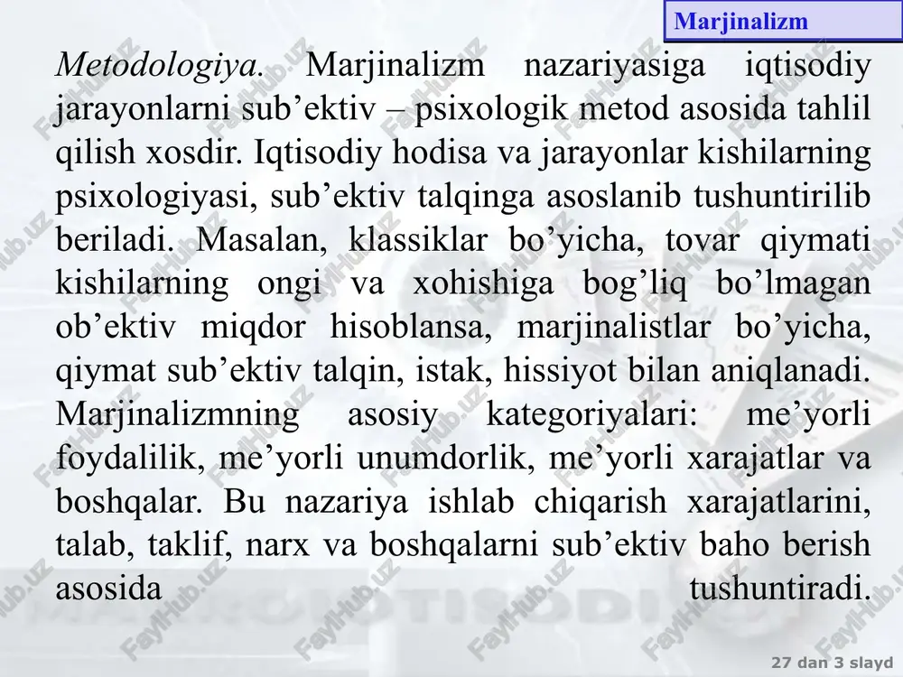 ’lgan ikki xil yondashuv mavjud bo’lgan: qiymat yo ishlab chiqarish xarajatlari bilan, yoki tovarning foydaliligi va noyobligi bilan aniqlangan. marjinalizm 27 dan ‹#› slayd 12 mavzu. iqtisodiy o’sish marjinalizm 27 dan ‹#› slayd 12 mavzu. iqtisodiy o’sish marjinalizm 27 dan ‹#› slayd 12 mavzu. iqtisodiy o’sish alfred marshall (1842-1924) alfred marshall 1842-yil 26-iyulda angliyaning london shahrida dunyoga kelgan.oilada ikkinchi farzand bo’lgan. otasi william marshall o’sha paytlar angliya banklaridan birida bosh hisobchi bo’lgan.alfred merchant toylors maktabida, st john kollejida, kembrij universitetida o’qidi. st john kollejida 1868-yil ma’ruzachi bo’lib darslar o’ta boshladi. 1885-yilda kembrij universitetida siyosiy iqtisodiyotning professori bo’lib ishladi. 27 dan ‹#› slayd 12 mavzu. iqtisodiy o’sish alfred marshall neoklassik mikro nazariya otasi unvoniga 2 davogarlardan biri hisoblanadi.(valras) u iqtisodiyotni o’qishni qulay vaqtda boshladi.xix asrning oxiridagi inqiroz va deyarli 20 yillik turg’unlik davlatning iqtisodiyotga aralashuvi samarasiz ekanligini ko’rsatdi.marshalldan oldingi iqtisodchilarning ba’zi nazariyalarida asta sekinlik bilan kamchiliklar kelib chiqa boshladi.va shunday holatda …