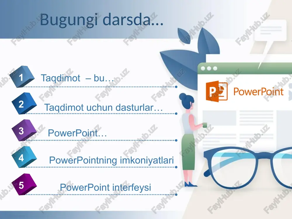 gan oynadan rasmni tanlang 4. «vstavit» tugmasini bosing «rabota s risunkami» ilovasi yorliqning ushbu qismida siz tasvirning rangi va kontrastini o'zgartirishingiz, shuningdek ovoz balandligini o'zgartirishingiz yoki tasvirni almashtirishingiz mumkin. yorliqning ushbu bo'limida siz turli xil effektlarni qo'llashingiz mumkin. yorliqning ushbu bo'limida siz tasvir o'rnini va hajmini sozlashingiz mumkin. slaydga jadval qo‘yish 1 2 1. «vstavit» yorlig‘iga o‘ting 2. «tablitsi» piktogrammasini tanlang 3.ochilgan to‘rda kataklar sonini tanlang 4. jadval avtomat tarzda qo‘yiladi «rabota s tablitsami» yorlig‘i ushbu yorliqda jadval uchun zarur komponentlarni tanlash mumkin bu bo‘limda jadval stili tanlanadi smartart ni slaydga qo‘yish 1. «vstavit» yorlig‘iga o‘ting 2. «smartart» piktogrammasini tanlang 3. smartart ob`yektini tanlang 4. «ok» tugmachasini bosing slaydga diagramma qo‘yish 1. «vstavit» yorlig‘iga o‘ting 2. «diagramma» piktogrammasini tanlang 3. zarur ob`yektni tanlang 4. «ok» tugmasini bosing slaydga figuralrni qo`yish 1. «vstavit» yorlig‘iga o‘ting 2. «figuri» piktogrammasini tanlang 3. zarur shaklni tanlang 4. shaklni chizing animatsiyalar va slaydlarda o'tish effektlarini …