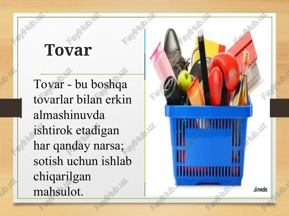 uchun turli xil tovarlarni tanlaydi. masalan, bir kishi sport bilan shug'ullanishni yaxshi ko'rsa, sport kiyimlari va aksessuarlarining iste'mol qiymati yuqori bo'ladi. tovarning sifati: sifatli tovarlar odatda yuqori iste'mol qiymatiga ega bo'ladi, chunki ular uzoqroq vaqt xizmat qiladi va iste'molchiga ko'proq foyda keltiradi. tovarning dizayni va estetikasi: chiroyli va zamonaviy dizayndagi tovarlar iste'molchilarga ko'proq yoqadi va ularning iste'mol qiymati yuqori bo'ladi. tovarning narxi: arzon tovarlarning iste'mol qiymati yuqori bo'lishi mumkin, chunki ular iste'molchilarga ko'proq pul tejash imkonini beradi. tovarning mavjudligi: kamyob tovarlarning iste'mol qiymati yuqori bo'lishi mumkin, chunki iste'molchilar ularni osongina topolmasligi mumkin. almashinuv qiymat: bu tovarning boshqa tovarlarga almashinish qobiliyatini bildiradi. almashinuv qiymatni hisoblashda, mahsulotni ishlab chiqarishga sarflangan xarajatlar (sebestoimost) hisobga olinadi. almashinuv qiymati bir nechta omillarga bog'liq: talab va taklif: talab yuqori bo'lgan tovarlarning almashinuv qiymati yuqori bo'ladi, chunki ularga talab ko'p bo'ladi. taklif kam bo'lgan tovarlarning almashinuv qiymati ham yuqori bo'ladi, chunki ular kamroq bo'ladi. tovarning foydaliligi: foydali …