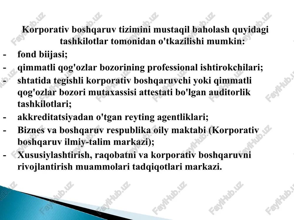 bilan bog'liq masalalar bo“yicha baholash natijalari ancha past bo‘ldi. vaholanki, bu korporativ boshqaruv tizimining asosiy yo'nalishi hisoblanadi. 107ta aksiyadorlik jamiyatidan birortasi eng yuqori - 360 ball ololmadi. o'rtacha baho 55,6 ball (eng yuqori bahoning 15,4 foizi2)ni tashkil etdi. atigi bitta aksiyadorlik jamiyati 320 ball (88,9 foiz) to'plab, eng yuqori bahoga yaqinlashdi va faqat 16ta aj (har yettinchisi) 100 (27,7 foiz) va undan ko‘p ball to‘plashga muvaffaq bo‘ldi. 3. aj tashkiliy tuzilmasi muvofiqligini baholash. aksiyadorlik jamiyatlarining 90 foizi o‘z tuzilmasini 0‘zbekiston respublikasi prezidentining 2015-yil 24-apreldagi pf-4720-sonli farmoni talablariga muvofiq holga keltirgan. 47,7 foiz aksiyadorlik jamiyatlarida tuzilmadagi lavozimlarning har biri bo‘yicha lavozim yo'riqnomalari yangilangan. shu bilan birga, har beshinchi aksiyadorlik jamiyatida bu ish haligacha oxiriga yetkazilmagan yoki umuman boshlanmagajn. * 4. tanlov o‘tkazilishini baholash. ijroiya organi rahbari va a’zolarini tanlov otkazish orqaii lavozimga tayinlash baholanganda, aksiyadorlik jamiyatlariga ko'plab savollar tug'ildi. deyarli barcha (99,1 foiz) ajlar o‘z ustavlariga tanlov o4kazish to'gvisida band kiritgan, …
