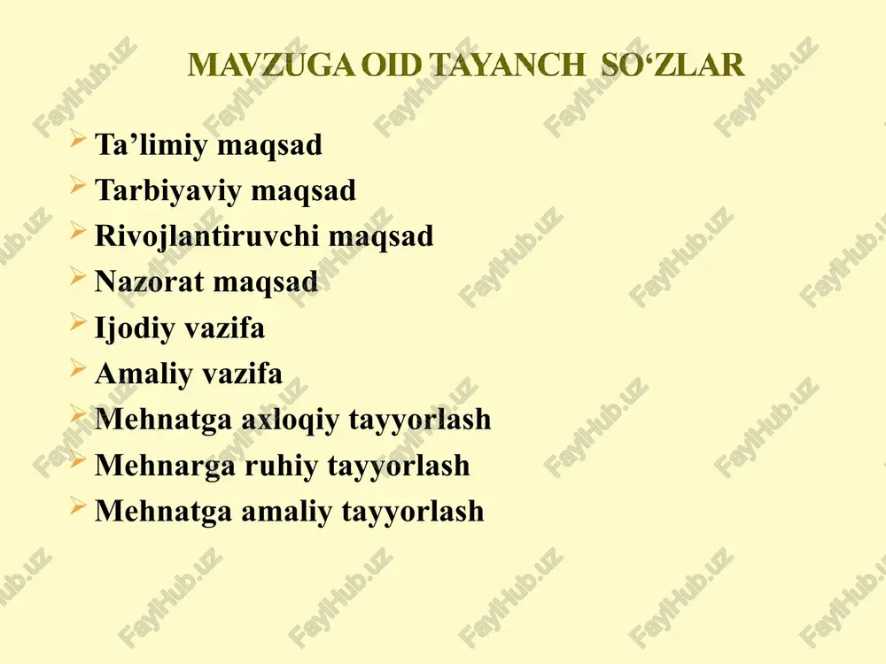 slarining tarbiyaviy maqsadlari. \ yy, ( ~ boshlang'ich sinflarda texnologiya darslarining maqsadlarini ishlab chiqish. \ yy, mavzuga oid tayanch so‘zlar o*quvchining intellektual qobilityatlarini ilmiy va texnologik yodkorlikka jalb qilish imkontyatini rivojlantiradi. iimiy-texnik bilimlarni real hayotda qo‘llashga o*rgatadi texnologitya ta’ limi nimaga o‘rgatadi? texnologiya faniga oid nazariy bilim, amaliy ko‘nikma va malakalarni egallashlari, ongli ravishda kasb tanlashga hamda jamiyat va shaxs farovonligi yo‘lida shaxsiy sifatlarni va tafakkurlarni rivojlantirishga qaratilgan o‘quv fanidir texnologtya ta‘limi qanday fan? boshlang‘ich ta’limda texnologitya fanini o‘qitishning maqsadi quyidagilardan iborat: * o'quvchilarning har tomonlama rivojlantirish; *texnologik jarayonlari bilan tanishtirish; * kasblar to*g‘risida ma°lumotlar berish; * dastlabki mehnat ko‘nikmalari va malakalarini shakllantirish; * o’'quvchilarda texnik ijodkorlikni, qobiliyatni. | tafakkurni rivojlantirish; * texnologik asosida ishlov berish usullarini o’rgatish orqali kasb-hunarga yo’naltirish. . << < << 4 ta’limiy tarbiyaviy maqsad maqsad rivojlantiruvchi nazorat maqsad maqsad kasbga yo‘naltiruvchi maqsad texnologtya darslariga qo‘yiladigan maqsadlari texnologtya darslarini amalga oshirishdagi vazifalari ijodiy vazifa amaliy vazifa …