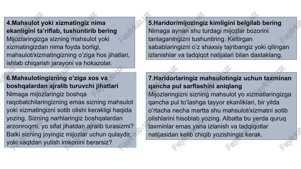 oqib, ularda qiziqish uyg’otsagina keyin detallarni bilish uchun asosiy qismni o’qishga kirishishlari mumkin. shuning uchun bu bo’lim qisqa va e’tiborni tortadigan bo’lishi kerak. biznes rejaning vazifalari bozorni tahlil qilish - sizning biznesingiz faoliyat yuritadigan bozorni, uning hajmini, o'sish sur'atini va trendlarini o'rganish. raqobatni tahlil qilish - sizning raqobatchilaringizni, ularning kuchli va zaif tomonlarini, mahsulotlari va xizmatlarini tahlil qilish. marketing strategiyasini ishlab chiqish - sizning mahsulotlaringiz yoki xizmatlaringizni reklama qilish va xaridorlarni jalb qilish uchun strategiya ishlab chiqish. moliyaviy rejalashtirish - sizning biznesingizning moliyaviy resurslarini, xarajatlarini, daromadlarini va foydalarini rejalashtirish. 5 biznes rejaning tarkibi biznes g'oyasini bayon qilish: biznesingizning mohiyatini, mahsulotlarini yoki xizmatlarini aniq tasvirlash. bozor va raqobat tahlili: bozorni, uning o'lchamini, trendlarini va raqobatchilarni o'rganish. marketing strategiyasi: mahsulotlarni yoki xizmatlarni targ'ib qilish va mijozlarni jalb qilish uchun strategiya. moliyaviy rejalashtirish: investitsiyalar, xarajatlar, daromadlar va foydalarni bashorat qilish. 6 biznes rejaning ahamiyati 1 sizning biznesingizning yo'l xaritasi va strategiyasini belgilash. 2 …