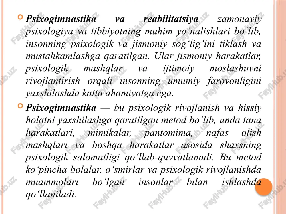 sog‘lom hayot kechirishi uchun muhim vositalardir. psixogimnastika shaxsning hissiy va psixomotor rivojlanishini qo‘llab-quvvatlasa, reabilitatsiya insonning jismoniy va ruhiy salomatligini tiklashga qaratilgan. ushbu usullar zamonaviy psixologiya va tibbiyotda keng qo‘llanilib, insonlarning hayot sifatini oshirishda muhim o‘rin tutadi. bolalarning emotsional holatini yaxshilash. bolalarning emotsional holati ularning psixologik va jismoniy rivojlanishida muhim rol o‘ynaydi. emotsional barqarorlik bolaning o‘z-o‘ziga bo‘lgan ishonchini oshiradi, stressni kamaytiradi, ijtimoiy ko‘nikmalarni rivojlantiradi va akademik muvaffaqiyatlariga ijobiy ta’sir ko‘rsatadi. shu sababli, bolalarning emotsional holatini yaxshilash bugungi kunda psixologlar, pedagoglar va ota-onalar oldida turgan muhim vazifalardan biridir. bolalarning emotsional holatini yaxshilashning ahamiyati psixologik rivojlanish uchun muhim: sog‘lom emotsional holat bolalarda stressni kamaytiradi va o‘zini ifodalash ko‘nikmalarini yaxshilaydi. ijodkorlikni rivojlantiradi: emotsional barqarorlik bolaning yangi g‘oyalarni qabul qilish va ijodiy fikrlash qobiliyatlarini kuchaytiradi. ijtimoiy moslashuvni yaxshilaydi: boshqa bolalar bilan muloqot qilish va ijtimoiy muhitga moslashuv osonlashadi. fizikaviy sog‘likni qo‘llab-quvvatlaydi: stress va xavotirni kamaytirish orqali tana salomatligi yaxshilanadi. bolalarda emotsional holatni yaxshilashga ta’sir etuvchi …