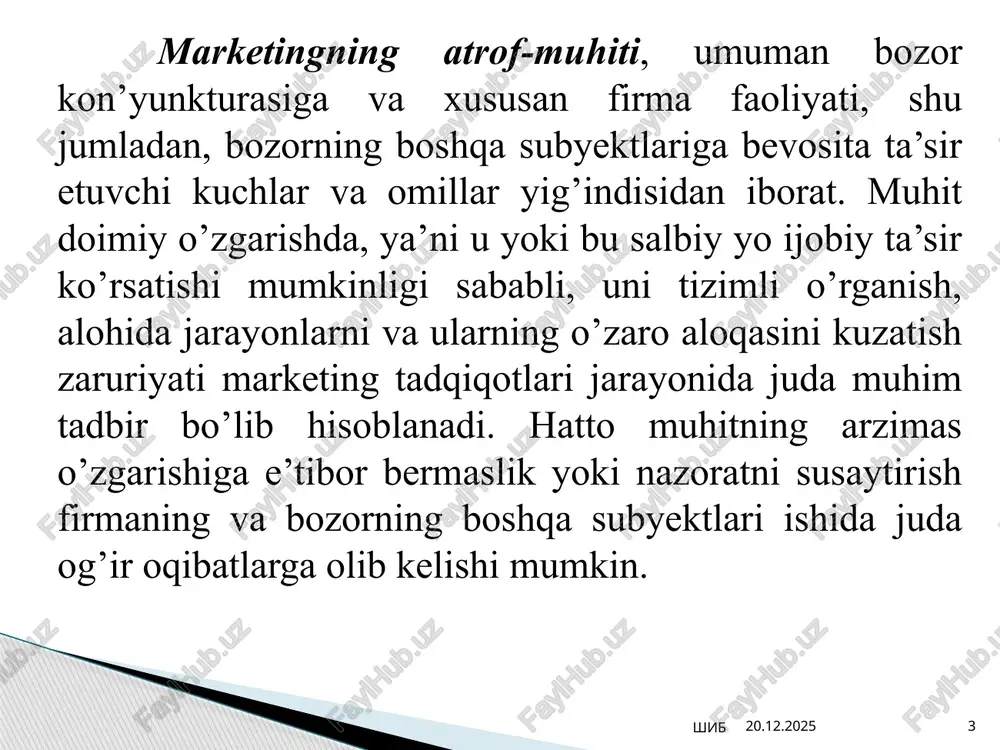 ng faoliyati; professonal menejmentga egalik. 03.10.2024 shib 12 kuchsiz jihatlar: aniq strategik yo’nalishning yo’qligi; moliyaviy imkoniyatlarning cheklanganligi; bozordagi mavqyeining pastligi; raqobatchilar bosimidan himoyalanmaganlik; boshqarish qobiliyatining va muammolarni hal qilishda iste’dodning yetishmasligi; ayrim muhim malaka va mutaxassislik bilim turlarining yo’qligi; strategik jarayonlarni bajarilishini yomon kuzatilishi; ichki ishlab chiqarish muammolaridagi qiyinchiliklar; tadqiqot va ishlab chiqarish sohasida qoloqlik; bozor haqida sust tasavvur; 03.10.2024 shib 13 imkoniyatlar: yangi bozorlarga yoki bozor segmentlariga chiqish; ishlab chiqarish tizimini (xizmat ko’rsatish tizimini) kengaytirish; bozor sig’imining o’sishi; o’zaro bog’liq mahsulotlarda turli-tumanlikni oshirish; vertikal integrasiya; raqobatchi firmalar o’rtasida ustunlik; bozor rivojlanishini jadallashtirish. 03.10.2024 shib 14 xavflar: yangi raqobatchilarning paydo bo’lish xavfi; o’rin bosuvchi mahsulotlar sotilishining o’sishi; bozor rivojlanishining sekinlashuvi; iqtisodiyotning pasayishi; iste’molchilar dididagi o’zgarishlar; hukumatning nomuvofiq siyosati; salbiy demografik o’zgarishlar 03.10.2024 shib 15 korxonaning kuchsiz va kuchli tomonlarini, shuningdek xavf va imkoniyatlarini aniq ro’yxati tuzilgandan so’ng ular o’rtasidagi o’zaro aloqa o’rnatish bosqichi boshlanadi. ushbu aloqalarni o’rnatish uchun quyidagi ko’rinishga …