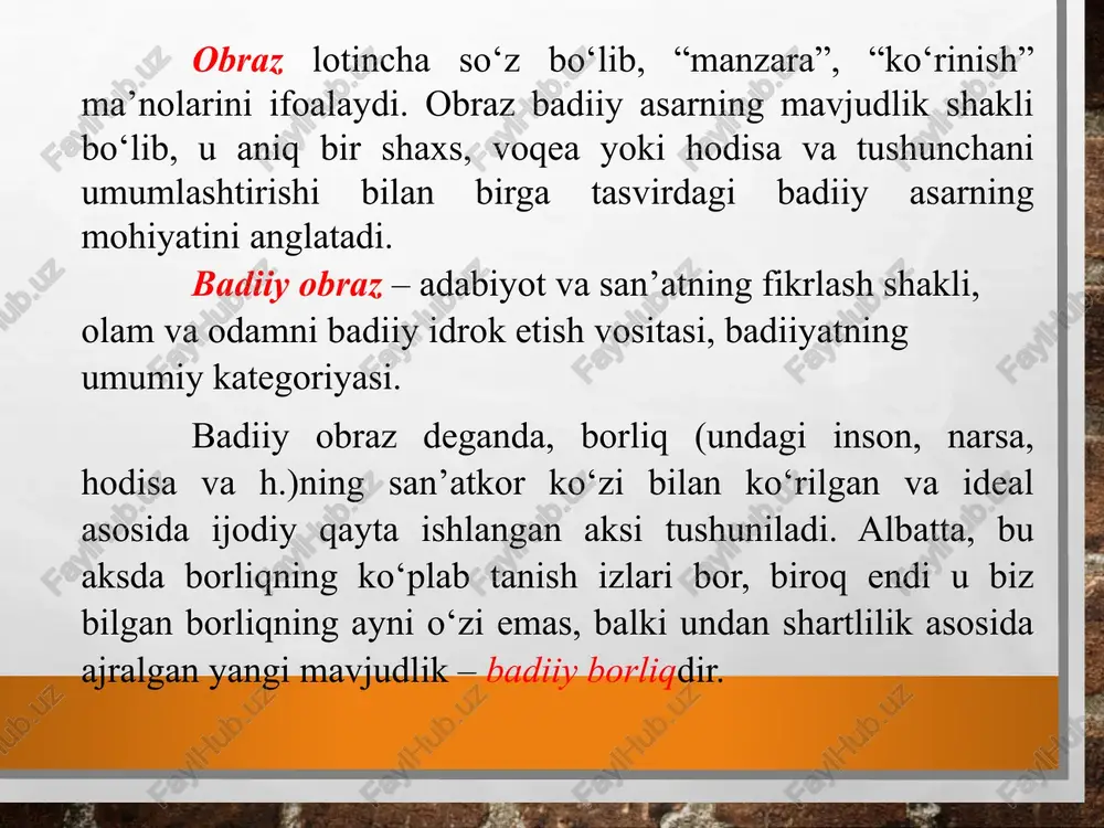 atiga ega bo‘lgan motiv, topos, arxetip deb yuritiluvchi ko‘rinishlari ham ajratiladi. motiv (motiv obraz) shakliy va mazmuniy jihatlardan muayyan turg‘unlik kasb etgan, bir yoki bir necha ijodkorning asarlarida qaytarilib turishi bilan ularning ijodiy intilishlarini namoyon etib turuvchi obrazdir. mas., cho‘lpon ijodi uchun “yo‘l” obrazi motiv sanalishi mumkin. topos motivga nisbatan kengroq tushuncha bo‘lib, u milliy madaniyatda katta bir adabiy davr mobaynida takrorlanuvchi obraz sanaladi. o’zbek mumtoz she’riyatidagi payg‘ambarlar obrazlari, gul va bulbul, sham va parvona kabi takrorlanuvchi obrazlar topos sanalishi mumkin. arxetip deganda esa inson tafakkuri, ijodiy tasavvuriga xos bo‘lgan turg‘un “sxema”lar, konstruktsiyalar, qoliplar tushunilib, ularning izlarini eng qadimgi davrlardan boshlab to hozirgi adabiyotgacha ko‘rish mumkin bo‘ladi. badiiy asarda obraz bir necha turli bo‘ladi: kishilar obrazi hayvonlar obrazi tabiat yoki osimliklar obrazi narsa-predmet obrazlari kishilar obrazlari badiiy asarda personaj, qahramon, harakter, tip kabi istilohlar bilan ifodalanadi. personaj – asardagi har qanday ishtirokchi yoki nofaol ishtirokchi. qahramon – asarda faol qatnashuvchi …