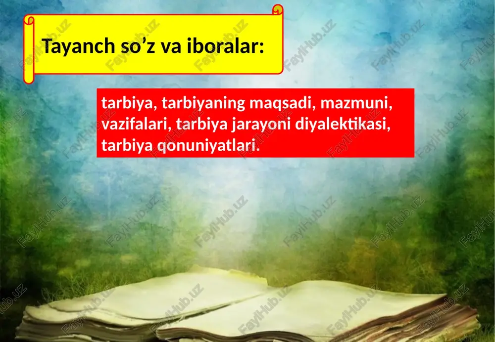 , balki his-tuyg’ularini ham o’stirib borishi, unda jamiyatning shaxsga qo’yadigan axloqiy talablariga muvofiq keladigan huquqiy malaka va odatlarni hosil qilishi lozim. tarbiya jarayonining mohiyati. tarbiya jarayonining mohiyatini tarbiyaga har tomonlama yondashish bilan muvaffaqiyatli tarzda ilmiy tahlil qilish mumkin. shaxsning xislatlari bir-biridan ajratilgan emas, balki o’zaro mustahkam bog’langan. . tarbiya jarayonidabolaning shaxsiyati ayrim-ayrim emas, balki yaxlit tarzda rivojlanadi. bola o’sib va rivojlanib borgan sari tar­biya vazifalari murakkablashib, chuqurlashib, tabaqalashib boradi. ijtimoiy tarbiyani tashkil etish jarayonida bir qator vazifalar ijtimoiy tarbiya maqsadidan kelib chiqib belgilanadi. mustaqil o’zbekiston respublikasida ayni vaqtda yosh avlodni tarbiyalab voyaga yetkazishga qaratilgan jarayonda quyidagi vazifalarnihal etish muhim ahamiyat kasb etmoqda: a) yoshlarni ijtimoiy hayotga tayyorlash, ularda keng dunyoqarashni tarkib toptirish, o’z shaxsiy turmlishiga maqsadli yondashish, reja va amal birligi hissini uyg’otish; b) o’quvchilarni milliy va umuminsoniy qadriyatlardan ogoh etish, chuqur bilimga, tafakkurga ega yoshlarni tarbiyalash, malakalarni tobora boyitish; d) umuminsoniy axloq mehyorlarini anglashni (odamiylik, kamtarlik, o’zaro yordam, mehr-muhabbat, …
