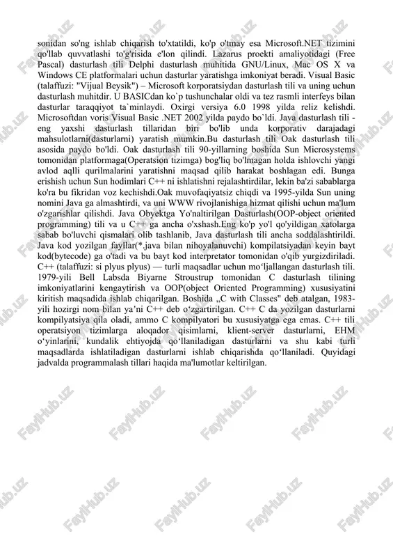 gan o`zgaruvchilar va massivlar ham joy olib turadi. eng keng tarqalgan dasturlash tili(windows os ida) microsoft visual c++ tilidir. ko`pchilik dasturlar hozirda shu tilda tuziladi. umuman olganda, c ga o`xshash(c-podobniy) tillar hozirda dasturlashda yetakchi. deyarli hamma zamonaviy tillarning asosida c yotadi. bundan tashqari, turli komputer o'yinlari tuzishda yoki kichik hajmdagi dasturlar tayyorlashda lua script yoki javascript tillari ham keng ishlatilmoqda. biz sizga xozirgi kunda keng tarqalgan desktop dasturlashda ishlatiladigan dasturlash tillaridan bazilari haqida aytib o'tamiz: delphi (talaff. délfi) — dasturlash tillaridan biri. borland firmasi tomonidan ishlab chiqarilgan. delphi dasturlash tili ishlatiladi va avvaldan borland delphi paketi tarkibiga kiritilgan. shu bilan bir qatorda 2003-yildan hozirgacha qoʻllanilayotgan shu nomga ega bulgan. object pascal — pascal tilidan bir qancha kengaytirishlar va toʻldirishlar orqali kelib chiqqan boʻlib, u ob'yektga yoʻnaltirilgan dasturlash tili hisoblanadi. avvaldan ushbu dasturlash muhiti faqatgina microsoft windows amaliyot tizimi uchun dasturlar yaratishga mo'ljallangan, keyinchalik esa gnu/linux hamda kylix tizimlari uchun moslashtirildi, …