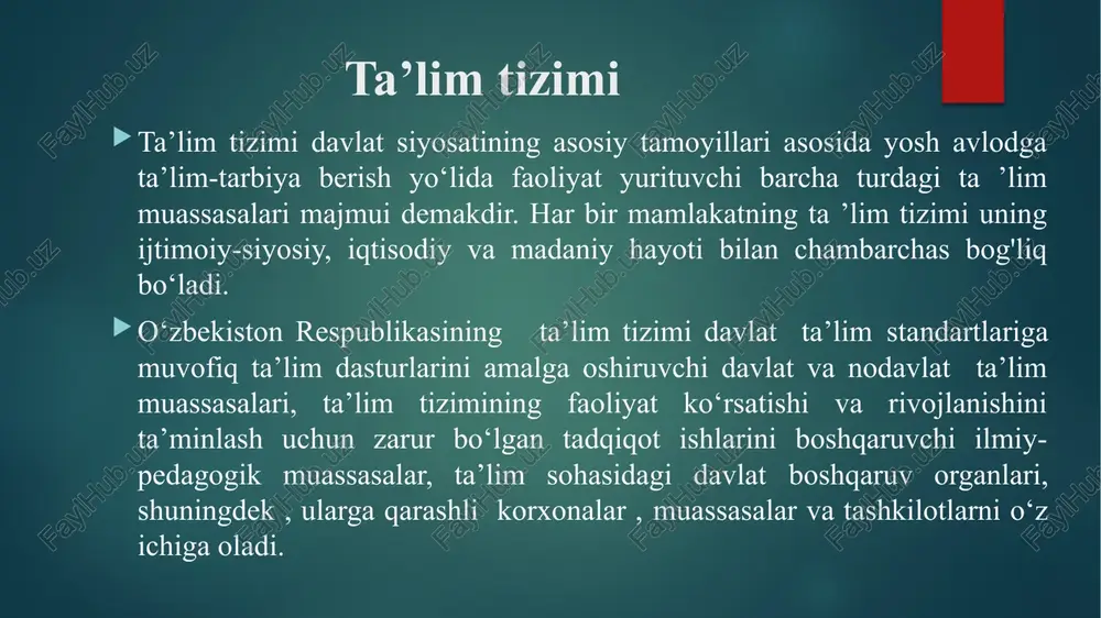 angan ta’lim mazmunini o‘quvchiga yetkazish uchun ajratilgan o'quv soatlari (davlat ixtiyoridagi va maktab ixtiyoridagi soatlar)ning minimal hajmini belgilaydi. pedagog kadrlar salohiyati hamda moddiy-texnika bazasi yetarli bo‘lgan umumiy o‘rta ta’lim muassasalarida qoraqalpog‘iston respublikasi xalq ta’limi vazirligi, toshkent shahar xalq ta’limi bosh boshqarmasi va viloyatlar xalq ta’limi boshqarmalarining ruxsati bilan umumiy o‘rta ta’lim muassasalarining pedagogik kengashlariga dars jadvalini tuzishda tayanch o‘quv rejadagi umumiy soatlar hajmidan oshmagan holda, ma’lum bir fanlarni chuqurlashtirib o‘qitish maqsadida 15%gacha o‘zgartirish kiritish huquqi beriladi. umumiy o‘rta ta’limning o‘quv dasturi tayanch o‘quv rejaga muvofiq o‘quv fanlarning sinflar va mavzular bo‘yicha hajmi, mazmuni, o'rganish ketma-ketligi va shakllantiriladigan kompetensiyalari belgilangan hujjat hisoblanadi. o'quv dasturi o‘zbekiston respublikasi xalq ta’limi vazirligi tomonidan ishlab chiqiladi va tasdiqlanadi. umumiy o'rta ta’limning malaka talablari quyidagilardan tashkil topadi: bilim - o'rganilgan ma’lumotlarni eslab qolish va qayta tushuntirib berish; o‘quv mazmunining o‘zlashtirilganlik darajasi bilim – tushunchasidir. -ko'nikma - o'rganilgan bilimlarni tanish vaziyatlarda qo‘llay olish; - malaka - o'rganilgan …