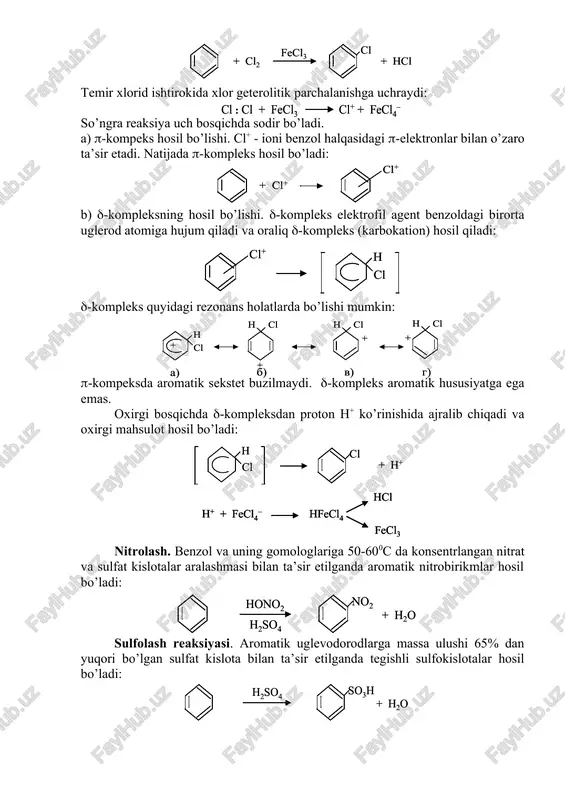 oxirgi bosqichda -kompleksdan proton h+ ko’rinishida ajralib chiqadi va oxirgi mahsulot hosil bo’ladi: nitrolash. benzol va uning gomologlariga 50-600c da konsentrlangan nitrat va sulfat kislotalar aralashmasi bilan ta’sir etilganda aromatik nitrobirikmlar hosil bo’ladi: sulfolash reaksiyasi. aromatik uglevodorodlarga massa ulushi 65% dan yuqori bo’lgan sulfat kislota bilan ta’sir etilganda tegishli sulfokislotalar hosil bo’ladi: yuqoridagi uchta reaksiya aromatik uglevodorodlarning qolgan sinf birikmalaridan farqlaydi. oksidlanish reaksiyasi. benzol halqasi oksidlovchilar ta’siriga o’ta chidamli. oddiy sharoitda benzolga kaliypermanganat, vodorod peroksid, xrom aralashmasi kabi oksidlovchilar ta’sir etmaydi. benzol katalizator ishtirokida yuqori haroratda havo kislorodi bilan oksidlanganda malein angidiridini hosil qiladi: benzolning gomologlari oson oksidlanadilar. masalan, toluol kaliy permanganatning suvdagi eritmasi bilan qo’shib qizdirilganda benzoy kislota hosil qiladi: agar benzol halqasida normal tuzilishga ega bo’lgan uzun radikal bo’lsa, bunday moddani oksidlash natijasida oxirgi mahsulot sifatida faqat benzoy kislota hosil bo’ladi: benzol halqasida bir necha radikal bo’lsa, bunday moddalarni oksidlash natijasida tegishli ko’p asosli kislotalar hosil bo’ladi: agar …