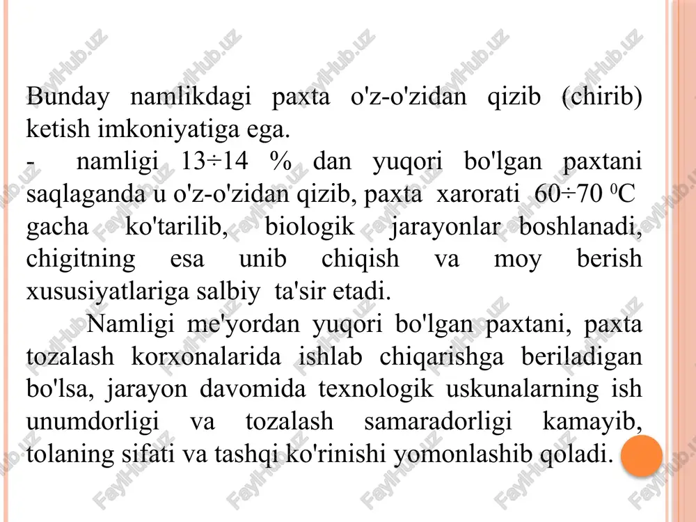 o'lishi mumkin. paxta tozalash sanoatida namlikni ko'p olish va quritilgan paxtani ko'p chiqarish jihatidan ish unumdorligi yuqori hisoblangan har xil tuzilishdagi barabanli quritish uskunalari ishlatiladi. boshqalariga qaraganda barabanli qurituvchilarda quritish agentining xarorati yuqori va ularni ishlatish oson. paxtaning o'rtacha namligi 10 % bo'lganda tolaniki -7 %, chigitniki esa - 18 % bo'ladi. shuning uchun paxta quritilganda uning tolasi chigitiga qaraganda tezroq quriydi. paxtani quritishda uning komponentlarining qizish xarorati katta ahamiyatga ega. paxtani quritganda tola va chigit sifatining buzilmasligi uchun, uni necha darajagacha qizdirish mumkinligini tajribada aniqlangan. paxtani quritishda urug'lik chigitlarni 55 0s, texnik chigitlarni 70 0s va tolani 105 0s gacha qizdirish mumkin. paxta komponentlarini yuqorida ko'rsatilgan xaroratdan baland bo'ladigan bo'lsa, unda urug'li chigitlarning unib chiqish xususiyati, texnik chigitlarda esa, moy chiqishi pasayadi. tolaning bo'lsa pishiqligi, uzunligi va egilish qobiliyati kamayadi. shuning uchun paxtani bir tekis quritish lozim. quritilgan paxta namligi bir tekis bo'lishi uning qabul vaqtidagi namligining bir tekis …