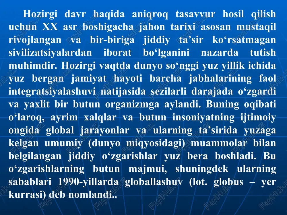 lararo qo‘nmay, to‘g‘ri uchib o‘tishlar globallashuvning asosiy belgilariga aylandi. birlashgan millatlar tashkiloti (bmt) ning tashkil topishi dunyoda integratsiya jarayonlarining rivojlanishi uchun keng imkoniyat yaratdi. serqirra globallashuv 1970-yillardan globallashuv o‘z rivojlanishining yangi bosqichiga ko‘tarildi va serqirra tus oldi. dunyo miqyosidagi tahdidlar va globallashuv jarayonlarini aholining keng qatlamlari anglab yetishi, shuningdek jahon hamjamiyati va unga mos keluvchi qadriyatlarga munosabat, madaniyat, turmush tarzining shakllanishi mazkur bosqichga xos xususiyat hisoblanadi. ayni shu davrda axborot-texnologiya inqilobining rivojlanishi jadallashdi, mif, din, falsafa, fan, ekologiya bilan bir qatorda global ong ijtimoiy ongning yana bir shakli sifatida paydo bo‘ldi. serqirra globallashuvning muhim xususiyatlari: a) «rezonans effekti»ning paydo bo‘lishi. bunda iqtisodiy yuksalishlar yoki tangliklar bir mamlakatdan u bilan uzviy bog‘liq bo‘lgan boshqa mamlakatlar va mintaqalarga o‘tadi; b) turli tovarlar va xizmatlar jahon bozorlarining yaratilishi; v) ko‘rsatilgan tovarlar va xizmatlarga jahon narxlarining shakllanishi, ular mazkur tovarlar va xizmatlar milliy ishlab chiqaruvchilarining siyosatini ko‘p jihatdan belgilashi. g) iqtisodiyotning internatsionallashuvi va pul …