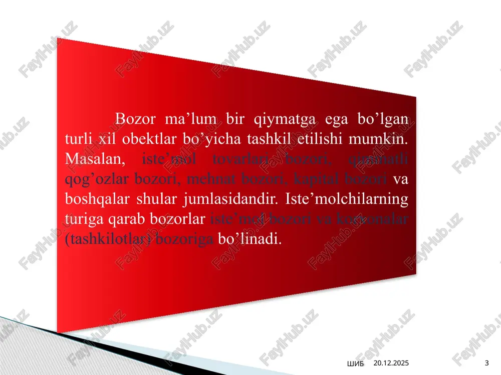 a xizmati narxning o’zgarishi tovar zaxiralari o’rinbosar tovarlar iste’molning tarkibi iste’molning hajmi ishlab chiqarish hajmi 27.09.2023 15 shib 15 agar eng oxirgi sanaga ko’yunktura xolatini aniklash masalasi qo’yilgan bo’lsa, u holda iqtisodiy siklning fazasini va faza ichidagi misol tariqasidagi joyini aniqlash yo’li bilan olib boriladi. umumxo’jalik kon’yunkturaning tahlilini izlanishini maqsadiga ko’ra ikki yo’l bilan olib borish mumkin agar ma’lum bir vaqtning ichiga kon’yunkturaning rivojlanish tendensiyalari va suratlarini bilib olish masalasi qo’yilgan bulsa, u holda ko’yunktura taxlili shu vaktning ichida uning dinamikasini o’rganish yo’li bilan olib boriladi. 27.09.2023 16 shib prognoz qilish - bu obyektning kelajagini taxlil qilish va bu kelajakni qanday bo’lishini ko’ra bilishdir. prognozning maqsadi va xizmati rasional yechimlar qabul qilish uchun muqobil iqtisodiy rivojlanish va uning ijtimoiy-iqtisodiy natijalarini ko’ra bilishdir 27.09.2023 17 shib bozor kon’yunkturasini bashorat qilish uslublari ekstropolyasiya uslubi faktografik uslublari ekspert uslublar ekonomentrik modellar 27.09.2023 18 shib iste’molchilarning xulq-atvori deganda tovar xarid qiluvchilarning tovarni tanlash va …