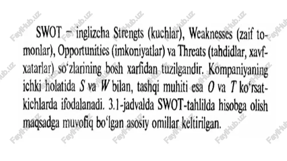 t egri chizig'ining aks tasvirini ifodalaydi. mahsulot hajmi oshib borgani sari o'rtacha o'zgarmas xarajatlar qiymati kamayib boradi. o'rtacha xarajatlar egri chiziqlari chekli xarajat chizig'i bilan kesishgan nuqtalarda minimal qiymatga erishadi. chekli xarajat o'rtacha o'zgaruvchan xarajatdan kichik (mc avc) bo'lganda o'rtacha umumiy (atc) va o'rtacha o'zgaruvchan (avc) xarajatlar oshadi. image4.png image5.png image6.png image7.png image8.png image1.png image2.png image9.png image10.png image18.png image3.png image11.png image12.png image13.png image14.png image15.png image16.png image17.png image19.png image20.png image21.png image22.png image23.png image24.png image25.png image26.png image27.png image35.png image36.png image37.png image28.png image29.png image30.png image31.png image32.png image33.png image34.png image38.png image39.png image40.png image41.png image42.png image43.png image44.png image45.png image46.png image47.png image48.png image49.png image50.jpg image59.png image60.png image61.png image62.png image63.png image64.png image65.png image66.png image67.png image68.png image51.jpg image69.png image70.png image52.png image53.png image54.png image55.png image56.png image57.png image58.png image71.png tatisodiy= moliyaviy holat jarayoni marketin saoliyati kadrlar siyosati boshqaruy (menejment) 3.1-rasm. korxona ichki muhit tablili swot — inglizcha strengts (kuchlar), weaknesses (zaif to- monlar), opportunities (imkoniyatlar) va threats (tahdidlar, xavf- xatarlar) …