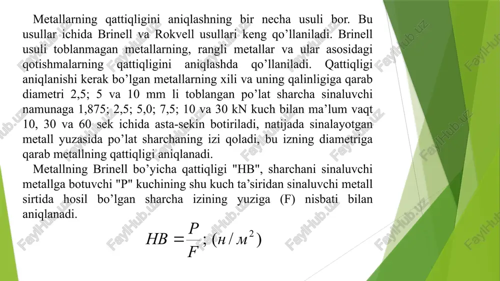 xsus shkala yordamida aniqlanadi. namunani sindirish uchun sarf qilingan ish miqdorining namuna ko`ndalang qirqimi yuziga nisbati metallning zarbiy qovushoqligini xarakterlaydi: ishning borishi mayatnikli nayza ishi va tuzilishi bilan tanishish. zarbiy qovushqoqlikni aniqlash uchun mo’ljallangan namunalarni (o’rganish) o’lchash. mayatnikli nayzadagi namunalarni sinash va zarbiy qovushqoqligini aniqlash. ish to’risida hisobot tuzish. ishni bajarish uslubiyoti. namunalarni sinash mayatnik tipidagi nayzalarda amalga oshiriladi (1.1-shakl). namuna nayza tayanchlariga kesim joyi zarbaga qarama-qarshi tomonga qaritilgan qilib o’rnatiladi (1.1,a-shakl). tayanchlarga nisbatan simmetrik kesimli namunani o’rnatish uchun shablon ishlatiladi. namunani buzush uchun sarf qilingan ish bevosita nayzaning kgm da darajalangan shkalasi bo’yicha aniqlanadi. zarbiy qovushqoqlik an quyidagi formula bilan hisoblanadi. f-namunaning kesik joyidagi ko’ndalang kesim yuzi sm2 an –namunani sindirish uchun sarf qilingan ish kgm an– 0.01 mm aniqlikda hisoblanadi. ishni bajarish tartibi: sinovlar uchun mo’ljallangan namunaga kleymo qo’yish. namunani kesilgan joyini shtangentsirkulda o’lchash. o’lchash natijalarini sinov jadvaliga kiritish. namuna ko’ndalang kesim yuzasini kesilgan joyini quyidagi formulaga ko’ra …