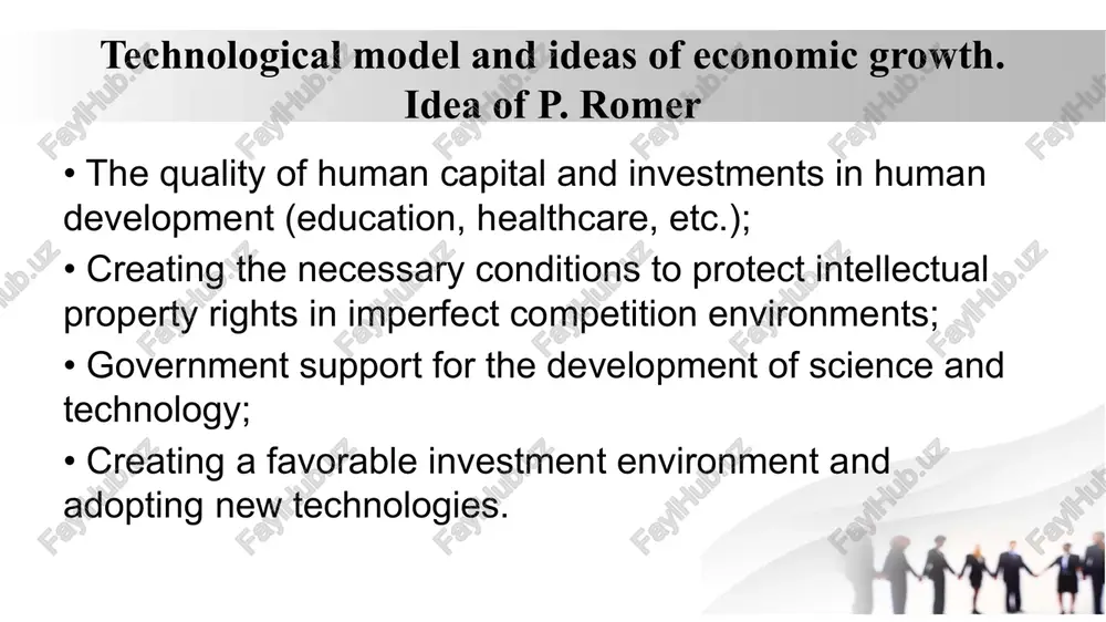 is directly linked to the rate of idea generation. if more researchers are employed in r&d or research productivity increases, economic growth accelerates. unlike traditional models where growth is assumed to be exogenous, the romer model shows that policies promoting innovation directly influence long-term growth. technological model and ideas of economic growth. idea of r. lucas according to r. lucas's theory, the accumulation of human capital is an active economic process that requires certain resources and involves opportunity costs. lucas suggests that individuals can choose one of two ways to utilize their time: either participate in current production or invest time in accumulating human capital. essentially, the way time is allocated between these two alternative paths determines the rate of economic growth. for example, reducing the time spent on producing goods may lower current output but accelerates human capital accumulation, which, in turn, increases production in the future. thus, the …