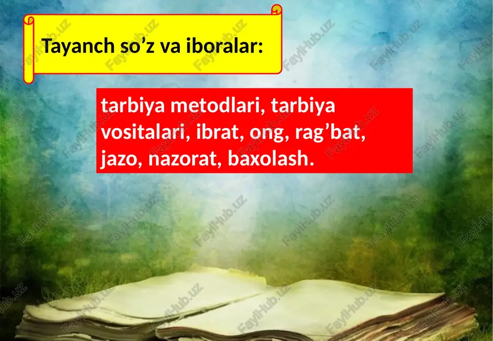 sullari va tarbiya vositalari tushunchalari ham ishlatiladi. usul tarbiya metodining xususiy, alohida mahno kasb etuvchi tushunchasi hisoblanib, u o’sha metod samaradorligi, ta’sirchanligini oshirishga faol yordam beradi. metodga nisbatan usul yordamchi, xususiy xarakter kasb etadi. masalan, mehnat jarayonida mehnat faoliyatini ko’rsatish usul sifatida foydalanilib, jarayonni qanday qilib aniq bajarish yo’li ko’rsatiladi tarbiya vositasi kengroq tushuncha hisoblanib, unda tarbiya vazifalarini hal etish uchun pedagogik maqsadga muvofiq tashkil etilgan har qanday uslubiy yo’llar tushuniladi. bu umumiy tushunchaga, predmetlar, hodisalar, faoliyat ko’rinishlari, texnik imkoniyatlar, obrazlar, pedagog faoliyati va boshqalar kirishi mumkin. tarbiya vositasiga ko’rgazmali qurollar, kitoblar, ommaviy axborot vositalari, umuman olganda, tarbiya jarayonida qo’llanilgan imkoniyatlar barchasi kirishi mumkin. metod, usul va vosita tushunchalari o’rtasida aniq bir chegara yo’q. metod, usul va vositalar o’zaro dialektik birlikka ega. tarbiyaviy ta’sir tizimida turli tarbiya metodlari o’zaro bog’liq holdagina mahlum natijaga erishishi mumkin. hozirgi zamon falsafasining, undan keyin pedagogikaning ham tasdiqlashicha, hodisa, narsalar, faoliyat ko’rinishlari tarbiya jarayonida tarbiya …