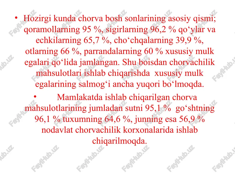 uqalarning o‘rtacha tirik vazni 850-950 kg; bir laktatsiyadagi sut mahsuldorligi o‘rtacha 3500-4000 kg; sutining o‘rtacha yog‘liligi 3,6 %; novvoslarni go‘shtga o‘stirilganda kunlik semirishi 800-1000 g; 18 oyligida 420-480 kg ga yetadi, so‘yim chiqimi 53-55, oydan so‘qimlangan mollarda 60 % bo‘ladi. qora – ola zoti hozirgi paytda golshtin zoti bilan yaxshilanadi. golshtin zotli sigir qizil cho‘l zoti – xviii – xix asrlarda ukraina janubida mahalliy kulrang qoramollarni ostfrislyand va qizil zotlar bilan chatishtirish natijasida yaratilgan. mahsuldorlik ko‘rsatkichlari: buzoqlarning tug‘ilgandagi vazni 35 kg; 6 oyligida 160-190 kg; sigirlarning o‘rtacha tirik vazni 450-520 kg; buqalarning o‘rtacha tirik vazni 800-900 kg; 1 laktatsiyadagi sut mahsuldorligi o‘r 3000-3500 kg; sutining o‘rtacha yog‘liligi 3,7 %; go‘sht uchun o‘stirilganda kunlik semirishi 850-900 gr; so‘yim chiqimi o‘rtacha 54-55 %, yaxshi so‘qimlanganda voyaga yetganlarida 60 % bo‘ladi; hozirgi kunda bu zot qoramollari sof holda urchitilmoqda va ular angler va qizil daniya zotli buqalar bilan takomillashtirilmoqda. bushuev zoti. ushbu zotga …