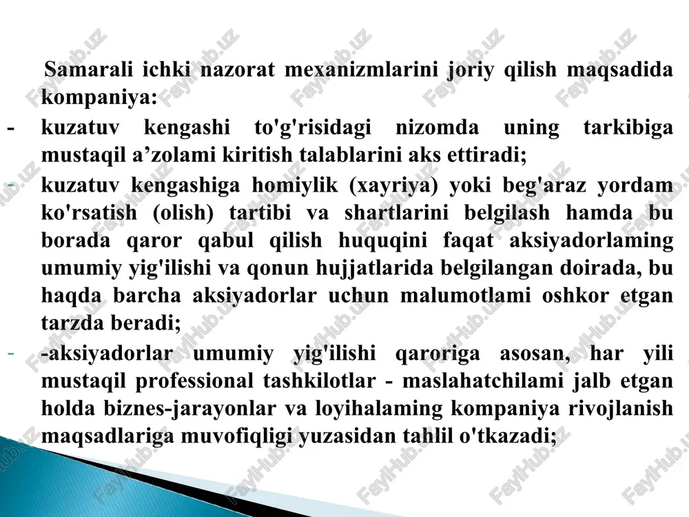 lib boruvchi guruh va/yoki tashkilot a’zosi) bolmagan shaxslar; -kompaniya bilan fuqarolik-huquqiy shartnoma orqali bogliq bolmagan va kompaniyaning sohasi bo“yicha yuqori turuvchi tashkiloti (kompaniya) yoki yirik aksiyadorining xodimi bolmagan shaxslar. * 2.taftish komissiyasi faoliyat mexanizmi * taftish komissiyasi quyidagilarni amalga oshirishga vakolatli hisoblanadi: - aksiyadorlik jamiyatining bir yillik faoliyati yakunlari bo“yicha kompaniyaning moliya-xo'jalik faoliyatini tekshirishni amalga oshiradi; - taftish komissiyasining o'z tashabbusiga, aksiyadorlaming umumiy yig'ilishi va kuzatuv kengashi qaroriga ko'ra, yoki ovoz bemvchi aksiyalarining kamida besh foiziga egalik qiluvchi aksiyadorning (aksiyadorlaming) talabiga ko‘ra kuzatuv kengashini oldindan xabardor qilish yo‘li bilan boshqa davr ichid^agi faoliyat yakunlari botyicha kompaniyaning moliya-xo'jalik faoliyatini tekshirishni amalga oshiradi; * - bir yillik yoki boshqa davr ichidagi faoliyat yakunlari bo“yicha kompaniyaning moliya-xo'jalik faoliyatini tekshirish yakunlariga ko'ra hisobot va xulosa tuzadi; - moliya-xo'jalik faoliyati boyicha amalga oshirilgan tekshirish natijalarini aksiyadorlaming umumiy yig'ilishi, kuzatuv kengashi va aksiyadorlik jamiyati boshqaruvi e’tiboriga yetkazadi; - aksiyadorlik jamiyati boshqaruvi tomonidan taqdim etilgan hujjatlar asosida …