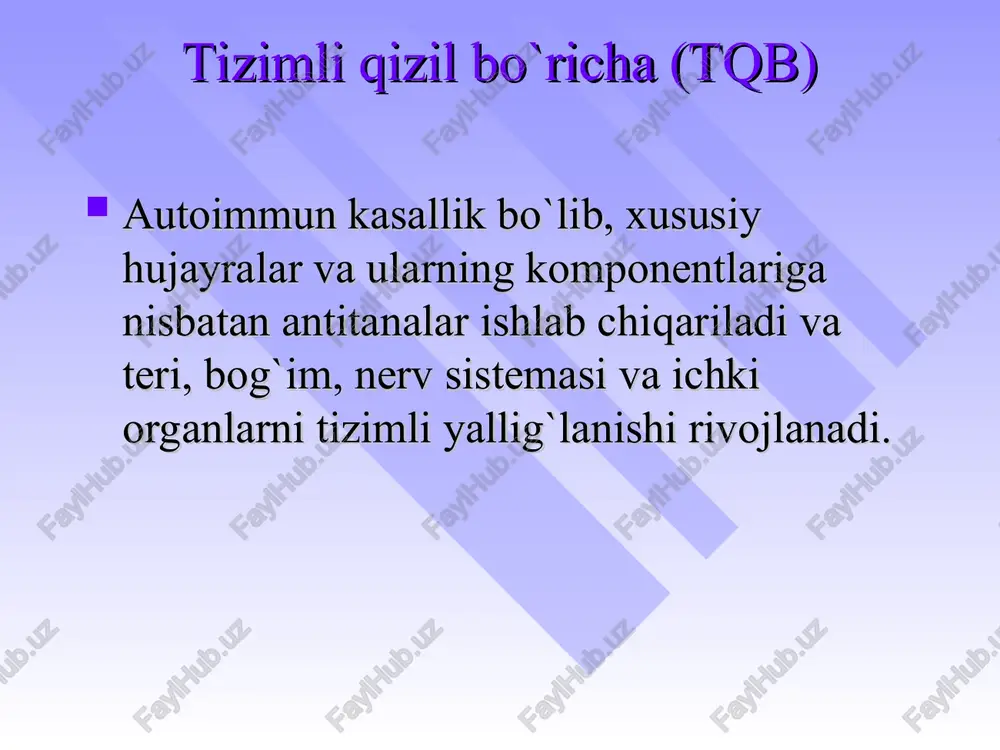 . gematologik buzilishlar. dorilar qabul qilish bilan bog`liq b¢lmagan gemolitik anemiya, leykopeniya (leykositlar 4*10^9/l dan kam), limfopeniya (limfositlar 1,5*10^9/l dan kam), trombositopeniya (100*10^9/l dan kam). 10.immun buzilishlar. le-xujayraga test musbat. tabiiy dnk va rnkga qarshi antitanalar titri yuqori. 6 oy davomida sifilisga immobilizasiya reaksiyasi yoki flyuoressensiyalangan antitreponema antitanalarini absorbsiya testlariga yolgon musbat reaksiya. 11. antinuklear antitana. immunoflyuoressensiya yoki boshqa testlarda ana titrining yukoriligi. tqb da patologik jarayon faolligining klinik va laborator xarakteristikasi ko'rsatkich faollik darajasi iii ii i tana temperatura 38°s va undan yuqori 38°s dan past me'yorida ozib ketish ifodalangan o'rtacha bir oz trofika buzilishi ifodalangan o'rtacha o'rtacha/bir oz teri zararlanishi «kapalaksimon eritema, kappilyaritlar nospetsifik eritema diskoid o'choqlar poliartrit o'tkir, o'tkir osti o'tkir osti deformatsiya artralgiyalar perikardit ekssudativ quruq adgeziv miokardit ifodalangan o'rtacha kardioskleroz libman - saks endokarditi ifodalangan o'rtacha mitral qopqoq etishmovchiligi plevrit ekssudativ quruq adgeziv diffuz glomerulo-nefrit nefrotik sindrom aralash tipda peshob sindromi asab tizimi zararlanishi entsefalo-radikulo-nevrit …