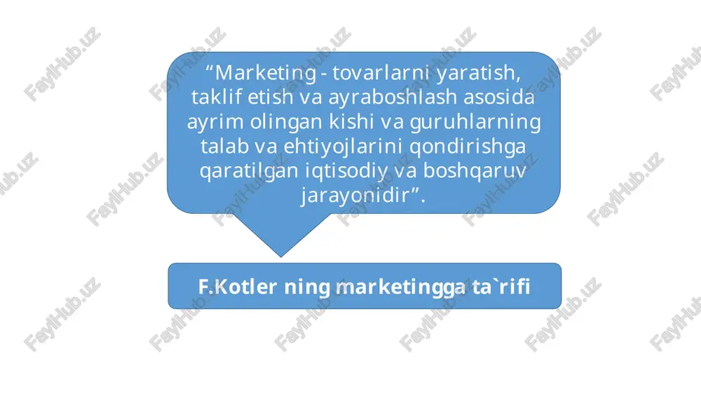 ting konsepsiyasi asosida iste’molchilar va raqobatchilarga yo’naltirilganlik yotadi. strategik marketing mazmuni iste’molchilar ehtiyojlarini qondirish va bir vaqtning o’zida yaxshiroq iste’mol xususiyatlariga ega bo’lgan tovarni yaratish yoki pastroq narx qo’yish orqali raqobatchilarga nisbatan ustunlikka erishishdan iborat. raqobatchilarga yo’naltirilganlik iste’molchilarga yo’naltirilganlikka zid bo’lmaydi. ijtimoiy-iqtisodiy marketing bilan bog’liq bo’lgan, katta ijtimoiy jamoalarning, davlat siyosatining muammolariga diqqatini qaratuvchi mega-marketing paydo bo’ldi. jamiyat hayotini axborotlashtirish kuchaygan sharoitda korxonaning xaridor bilan bevosita munosabatda bo’lishi imkoniyati vujudga keladi. ommaviy marketingdan alohidalashgan marketingga o’tish kuzatiladi. shunday yo’nalishlardan biri — munosabatlar marketingi (maksi-marketing) zamonaviy telekommunikasiyaviy vositalardan foydalangan holda iste’molchilar bilan individual munosabatlarni iloji boricha mustahkamlashga yo’naltiriladi. marketing konsepsiyasining shakllanishiga ilmiy-texnik taraqqiyot, ularning tez sur’atlar bilan yangilanib turishi, ishlab chiqarishni samarali boshqarish va hokazolar katta ta’sir ko’rsatdi. marketing evolyusiyasining birinchi bosqichi xx asrning boshidan 30-yillarning o’rtalarigacha, ikkinchi bosqichi esa 30 yillarning o’rtalaridan 80-yillarning o’rtalarigachani, uchinchi bosqichi esa 80-yillarning o’rtalaridan to hozirgi kungacha bo’lgan davrni o’z ichiga oladi. 1 ishlab chiqarishni …