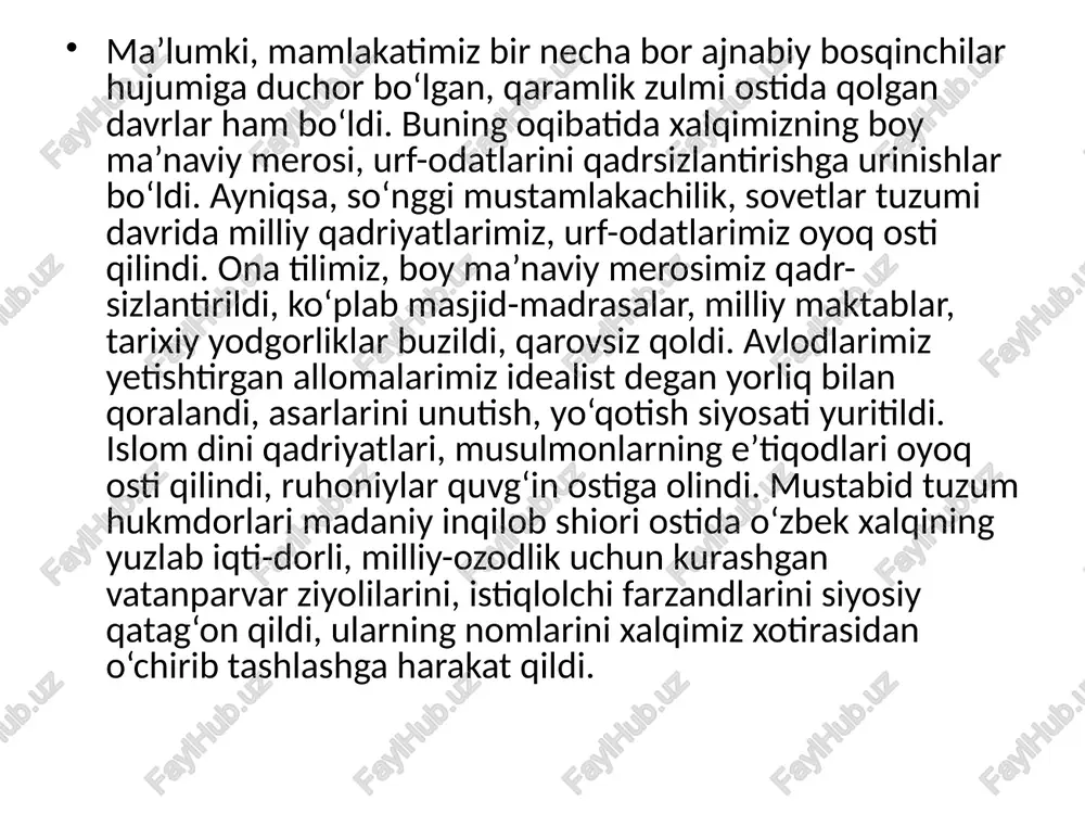 gi keng nishonlandi . shu yili o‘zbekiston fanlar akademiyasi adabiyot institutiga alisher navoiy nomi berildi , alisher navoiy nomidagi davlat mukofoti ta’sis etildi . yubiley yilida buyo’q “ hamsa”si va “ lison ut-tayr ” asarlari nashr qilindi , kinofilmlar va sahna asarlari yaratildi . 1991-yil 28-sentabr kuni toshkent shahrida barpo etilgan nizomiddin mir alisher navoiy haykali va alisher navoiy nomidagi o‘zbekiston milliy bog‘ining ochilish marosimi bo‘lib o‘tdi . 1994-yil oktabr oyida mirzo ulug‘bek tavalludining 600 yillik yubileyi tantanalari bo‘lib o‘tdi . ulug‘bek madrasasi , ulug‘bek yashagan davrdagi astronomik asboblar , toshkentdagi ulug‘bek haykali aks ettirilgan pochta markalari muomalaga chiqarildi . 1998-yil 23-oktabrda farg‘ona shahrida buyo’q alloma ahmad al-farg‘oniyning 1200 yillik yubileyi keng nishonlandi . uning noyob ilmiy merosi xalqimizga qaytarildi . farg‘ona shahrida al-farg‘oniy nomi bilan ataluvchi bog ‘ yaratildi va buyo’q allomaga haykal o‘rnatildi . jumladan , 1991-yil – alisher navoiy tavalludining 550 yilligi ; 1992-yil – boborahim mashrab …