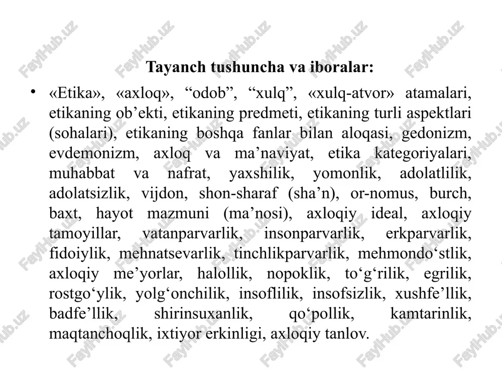 larini o‘rganadi. axloq sotsiologiyasi – axloqning boshqa ijtimoiy hodisalar, ijtimoiy hayotning turli sohalari bilan o‘zaro aloqalarini tadqiq etadi (axloq va iqtisod, axloq va siyosat, axloq va fan, axloq va din, axloq va madaniyat, axloq va san’at va h.k.). etika fani aspektlari (sohalari)ni hosil qiladi: etika fani aspektlari (sohalari)ni hosil qiladi: professional etika – axloqning turli kasblar doirasida o‘ziga xos amal qilish xususiyatlari, normalarini o‘rganadi (pedagogik etika, aktyor etikasi, vrach etikasi, harbiy etika va h.k.). normativ etika – jamiyatda va kishilar o‘zaro faoliyatlarida amalda bo‘lgan axloq normalari va me’yorlarini o‘rganadi. deontologiya (yunoncha deon – burchlilik, zaruriylik, logos – fan, ta’limot) – etikaning burch va burchlilik, axloqiy zaruriylik masalalarini o‘rganuvchi sohasi. deskriptiv etika – muayyan jamiyat axloqini konkret-sotsiologik va tarixiy tahlil qiluvchi etika sohasi. axloqiy tarbiya nazariyasi – insonni axloqiy tarbiyalash qonunlari, prinsiplari, metodlari va vositalarini o‘rganadi. gedonizm va evdemonizm gedonizm (yunon. hendone — lazzatlanish) — qadimgi davr falsafiy tushunchalaridan biri sifatida …