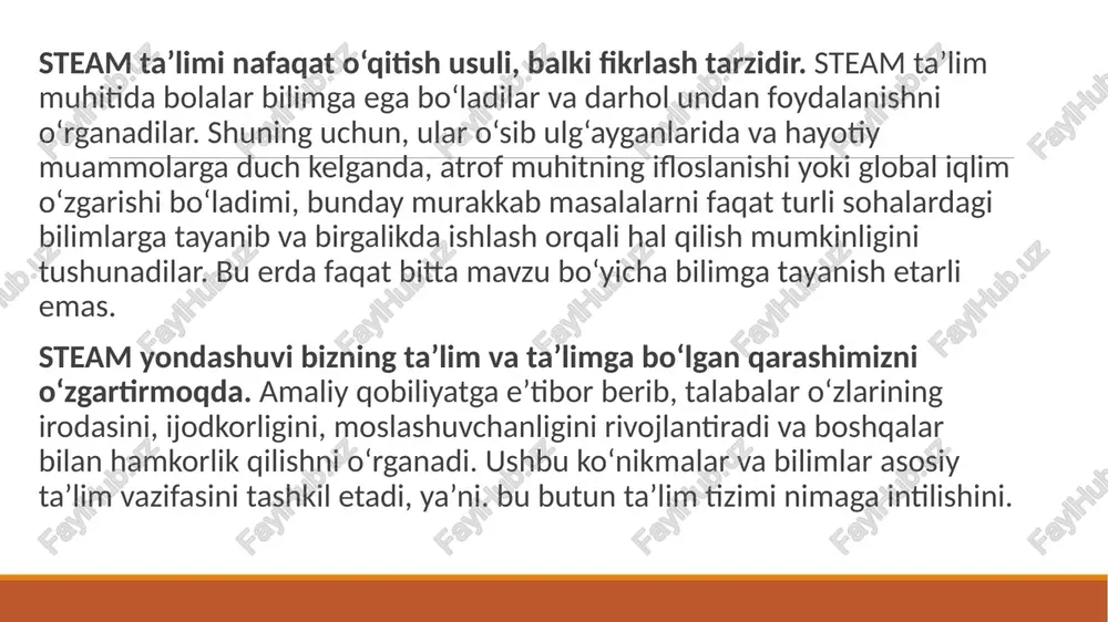 yildan buyon steam-kasblarga bo‘lgan talab darajasi 17% ga oshdi, oddiy kasblarga bo‘lgan talab esa faqat 9,8% ga oshdi, bu esa butun dunyo bo‘ylab ushbu ta’lim tizimiga katta talabni ko‘rsatadi. steam-ta’lim ba’zi sabablarga ko‘ra ustuvor ahamiyatga ega: yaqin kelajakda dunyoda va shuning uchun o‘zbekistonda muhandislar, yuqori texnologiyali ishlab chiqarish mutaxassislariga talab juda yuqori bo‘ladi.uzoq kelajakda biz tabiiy fanlar bilan birgalikda texnologiya va yuqori texnologiyali ishlab chiqarish bilan bog‘liq bo‘lgan kasblarga ega bo‘lamiz, ayniqsa bio va nanotexnologiya mutaxassislariga katta talab bo‘ladi.mutaxassislar texnologiya, tabiiy fanlar va muhandislikning turli sohalaridan keng qamrovli ta’lim va tajribaga muhtoj bo‘ladi. integratsiyalashgan ta’lim xo‘sh, bu ta’lim tizimi va fanlarni o‘qitishning an’anaviy usuli o‘rtasidagi farq nima? steam-ta’lim o‘quvchilar ilmiy usullarni amalda qanday qo‘llashni tushunishga kirishadigan aralash muhitni nazarda tutadi. ushbu dastur bo‘yicha talabalar, matematika va fizika bilan bir qatorda, o‘z robotlarini ishlab chiqadigan va ishlab chiqaradigan robotlarni o‘rganadilar. darslarda maxsus texnologik uskunalar ishlatiladi. 2014-yilda quddusda bo‘lib o‘tgan “steam forward” …