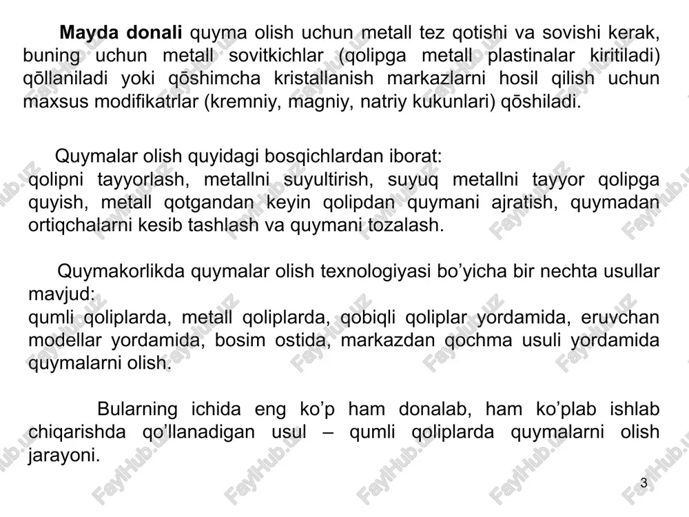 olish jarayonida detal o’lchamlariga yaqinroq quyma olinadi. qobiqli qoliplarni tayyorlash uchun kvarts qumi 5-6% pulver bakelit (smolaning bir turi) bilan aralashtiriladi va quyida keltirilgan ketma-ketligida qobiqli qolip tayyorlanadi. * qutiga qolip aralashmasi to’kiladi, ustiga 220…250°s ga qizdirilgan metall model bilan model plitasi o’rnatiladi (model quti icihga qaratilgan). keyin quti model plitasi va qolip aralashmasi bilan birga 180° ga ag’dariladi va bu holatda 15-20 soniya turadi. bu vaqt davomida model ustida 6-10 mmli erigan smola hisobiga qobiq paydo bo’ladi, quti o’z holatiga qaytganda qobiq model ustidan tushib ketmaydi. qobiq plita bilan birga 1-3 daqiqaga 250…300°s qizdiriladi va qattiqlashadi. xuddi shunday qobiqni ikkinchi yarimi tayyorlanadi. keyin qobiqlar yig’iladi va opokaga tik o’rnatiladi. suyuq metall quyilganda qobiq sinib ketmasligi uchun tashqarisiga cho’yan pitra to’kiladi. qobiqli qolihlar yordamida quyma olish usulining afzalliklari: quymaning nisbatan yuqori aniqligi; mexanizatsiya va avtomatizatsiya qollash mumkinligi; detallar yengil bo’lishi va mexanik ishlov berishni kamayishi; kamchiliklari; 1) mom eruganda zararli …