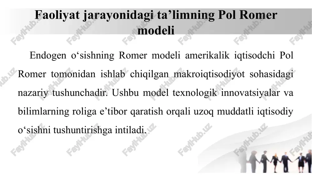 ishlab chiqarishga ijobiy ta’sir ko‘rsatadi. innovatsiyalar yangi oraliq mahsulotlar yaratadi va iqtisodiyotda uzoq muddatli o‘sish sur’atini oshiradi. lukas model birinchilardan bo‘lib r. lucas 1988-yilda inson kapitalini zaxirasi va uning oqibatlarini inobatga olishga harakat qilgan. robert lucas (1988) tomonidan ishlab chiqilgan lucas modeli iqtisodiy o‘sishni tushuntirishda inson kapitali (ta’lim, malaka va tajriba) rolini markaziy omil sifatida ko‘rsatadi. bu model endogen o‘sish nazariyasi doirasida ishlab chiqilgan bo‘lib, iqtisodiy o‘sish tashqi omillarga emas, balki ichki mexanizmlarga bog‘liq ekanligini ta’kidlaydi. lucas modelining asosiy xususiyatlari inson kapitali iqtisodiy o‘sishning asosiy omili: ta’lim va malaka oshirish orqali odamlar ishlab chiqarish samaradorligini oshiradi. inson kapitali jamiyat miqyosida ham o‘sishga ta’sir qiladi, ya’ni "learning-by-doing" va bilim tarqalishi (knowledge spillover) jarayonlari orqali barcha iqtisodiy agentlar foyda ko‘radi. lucas modelining asosiy xususiyatlari sarmoya va inson kapitalining o‘zaro bog‘liqligi rivojlangan iqtisodiyotlarda kapitalning ko‘payishi bilan birga ta’lim va malakaning oshishi ham sodir bo‘ladi. bu esa ishlab chiqarish samaradorligini oshiradi va uzoq muddatli …