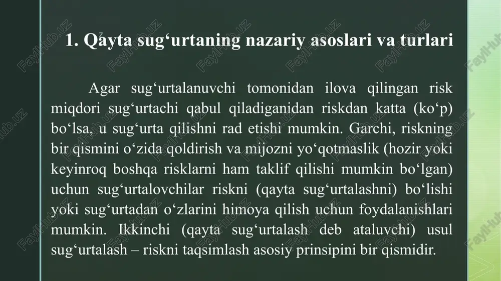 urtalovchining qatnashishi aniq bir summa (kvota) bilan belgilangan bo‘ladi. bundan tashqari bunday qayta sug‘urtalash shartnomalarida qayta sug‘urtalovchining hohishiga ko‘ra riskning yuqori chegarasi (limit) belgilanadi. kvotali qayta sug‘urtalash shartnomalari oddiy va sedent uchun qulaydir. sedent qayta sug‘urtalovchiga ma’lum bir muddatda kelib tushgan sug‘urta badallaridan o‘zining hisobida riskni qtkazgani uchun, komission mukofotni olib qolgan holda proporsional ravishda o‘tkazib beradi z z qayta sug‘urtalashning ikkita asosiy shakli mavjud: fakultativ va obligatorli. dastlab hamma qayta sug‘urtalar fakultativ ravishda amalga oshirilgan. bu har bir risk qayta sug‘urtalovchiga sug‘urta kompaniyasi tomonidan taklif qilinganligini vm qayta sug‘urtalovchi uni qabul qilishni yoki qabul qilmasligi ham mumkin bo‘lganligini bildiradi. harakatlarning bunday tarzi katta hajmdagi ma’muriy ishlarni talab qiladi va demakki, anchagina qimmat ham z fakultativ qayta sug‘urta shartnomasiga qayta sug‘urtachi tomonidan rozilik bildirilgan daqiqadan kuchga kiradi. obligator qayta sug‘urtalash shartnomasiga asosan sug‘urtachi qayta sug‘urtachiga kelishilgan hududda aniq belgilangan risklar bo‘yicha tuzilgan barcha to‘g‘ridan-to‘g‘ri sug‘urta shartnomalari qayta sug‘urtaga beriladi. obligatorli …