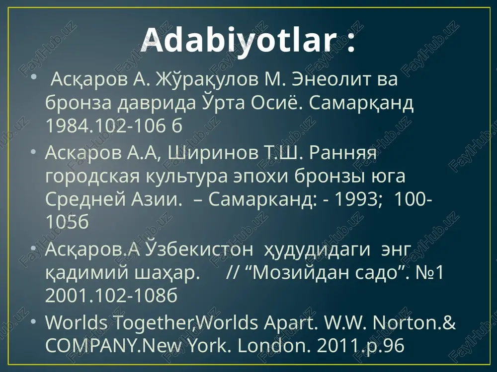 da 20 dan ortiq bronza davri yodgorliklari topilgan. bular jarqo’ton, bo’ston, kultepa, maydatepa, mo’lali va boshqalar bo’lib, ular asosan, surxandaryo oblastining sherobod, jarqo’rg’on va sho’rchi hududlarida joylashgan. bu yodgorliklarni o’rganish natijasida sopollitepa madaniyati qadimgi sharq civilizaciyasining ajralmas bir qismi ekanligini ko’rsatdi. sopolli madaniyati bosqichlari 1.sopolli bosqichi—miloddan avvalgi 2150—1900 yillar; 2.jarqo’ton bosqichi —miloddan avvalgi 1900—1600 yillar; 3.ko’zali bosqichi —miloddan avvalgi 1600—1450 yillar; 4.mo’lali bosqichi —miloddan avvalgi 1450—1250 yillar; 5.bo’ston bosqichi —miloddan avvalgi 1250—1000 yillar; sopol idishlar sopollitepa madaniyati. sopol idishlar. mo’lali davri sopollitepa manzilgohi sopollitepa manzilgohi surxondaryo viloyatidagi sherobod cho’lidan topilgan. bu manzilgoh sherobod cho’lini o’zlashtirish jarayonida 1968 yilda l.i.al’baum tomonidan ro’yhatga olingan. uning tadqiqot ishlari bilan 1969—1974 yillarda a.asqarov shug’ullangan. ushbu madaniyatga tegishli 20 dan ortiq yodgorliklar topilgan umumiy maydoni 4 ga ga yaqin bo’lgan. hozirda uning markaziy qal’a qismi saqlanib qolgan. u kvadrat 82 x82 metr bo’lgan istehkomdir. mudofaa devorlari to’lg’ama tuzoq usulida ishlanib, aniq o’lchamli koridorsimon bloklarga bo’lingan. …