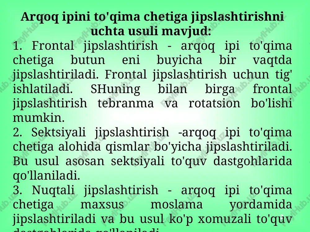 qa to'qimalar ishlab chiqarishga nisbatan farq qiladi. halqali to'qima o'rilishiga qarab batan mexanizmini harakati rostlanadi. dastgohga yuqori dinamik holatda ishlovchi batan mexanizmini g'ildiraklar qutisi o'rnatilgan va mexanizm to'liq dastur yordamida boshqarilib, turli xil standart halqali to'qimalar ishlab chiqarish imkoniyatiga ega. ta'lim ma+sadlari * aylanishi 180 = orqaga qaytish holatida 0= old holat 90= pastki holat 180 = orga holat 270 = yogori holat 4.1-rasm. mokili dastgohini batan mexanizmi 4.2-rasm. 4-zvenoli batan mexanizmi_ agar "7/!" nisbat kattalashgani sari uning afzalliklari: — batan tezligi va tezlanishi ham shuncha yugori bo'ladi; — moki harakati uchun ko'prog turg'unlik holati bo'ladi; — jipstashtirish kuchi ortadi, lekin harakat simmetrikligi buzilib, bir me'yorda jipslashtirish yomonlashadi ayrim dastgohlardagi batan ekstsentrisiteti 4.1-jadval dastgoh . ipvahxqmturi_ |r(cm) — | 1 (cm) er! rusumi t_ | saurer paxta, kulachokli 625 15,0 042 2 | rutt paxta, karetkali 7,60 33,5 023 3 | picanol paxta, kulachokli 7,20 324 0225 4 | prince …