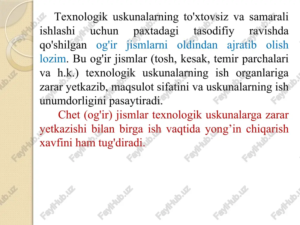 hda cho'tka xam xavo orqali ajratilgani uchun cho'tkaning elishiga tasir qilmaydi. kolosnikli panjaralar ajratilgan iflosnikni yo'naltiruvchi vazifasini bajaradi. afzaligi: bu mashinaning afzaligi xam mayda xam yirik iflosliklardan tozalaydi. bu mashinada cho'tkali barabanlar ishlatimaydi va cho'tka vazifasini tishli barabanlar bajaradi. kamchiligi: bu mashina paxta xom ashyosini faqat arrali barabanlar orqali tozalangani uchun paxtani shikaslanishi ko'p bo'ladi. e’tiborlaringiz uchun rahmat! image2.png image3.jpeg image4.jpeg image5.jpeg image6.png image7.png image8.jpeg image9.jpeg image10.jpeg image11.jpeg image12.png image13.png 1-arrali baraban; 2-kolosniklar; 3-tekislovchi cho'tka; 4-cho'tkali baraban. 56-rasm. yirik iflosliklardan tozalashda faydalaniladigan asosiy ishchi organlari 41-rasm. —=tx-3m2_— rusumili paxtani yirik — iflosliklardan tozalagichining ko’ndalang qirqim ko’rinishi 1.ta’minlovehi valiklar, 2.titkilovchi-tozalovchi baraban, 3.to’rli sirt (yuza), 4.arrali baraban, 5.cho’tkali baraban 6.llashtiruvchi cho’tka, 7.qobirg’ali panjara, 8.arrali regeneratsion seksiya, 9.qiva tekis lyuk, 42b-rasm. yxk agregti yxk.01 va. vxk.03 seksiyasialarining ko’ndalang qirgim ko’rinishi 1. qozigchali blok gismi; 2. cho thai blok gismi; 3 arrachali seksiva gismi; 4.ta'mintovchi valik; 5.chigish bo'g’zi. 42a-rasm. yxk agregti vxk.o1 va, yxk.03 …
