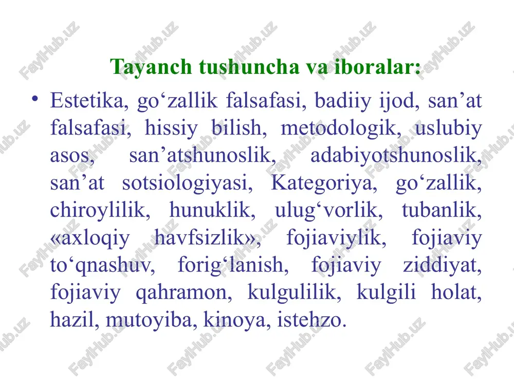 ‘lgan falsafiy hodisa-voqelikni estetik anglash bilan belgilanadi. estetik anglash va uning tuzilmasi estetik anglash inson ruhiyatida o‘ziga xos, chuqur ijobiy ruhiy o‘zgarishlarni vujudga keltiradigan estetik holat. nafosatli (estetik) ong – ma’naviy-ruhiy hodisalar majmui bo‘lib, ular ijtimoiy hayot zaminida vujudga keladigan nafosatli his, did, fikr, orzu, qarash, nazariya tizimini anglatadi. nafosatli ong ijtimoiy hayot zaminida uning bilan mutanosib tarzda o‘zgarib, rivojlanib, takomillashib boradi. estetik ob’ekt inson aloqa va munosabatlar doirasiga jalb etilgan, bevosita idrok etish predmeti sifatida inson va jamiyatning beg‘araz samimiy, ma’naiy ehtiyojlarini qondirishga xizmat qiladigan narsa, buyum, hodisalar, ularga xos estetik xususiyatlar, sifatlar va jarayonlardir. estetik sub’ekt deb muayyan hissiy va aqliy taraqqiyot darajasiga erishgan, estetik qadriyatlarni idrok etish, tushunish, baholash va yaratish qobiliyatiga ega bo‘lgan, konkret ijtimoiy munosabatlar doirasiga tortilgan shaxsga uning ruhiy ma’naviy dunyosiga, individ va jamiyat estetik ongiga, ularga xos sub’ektiv xususiyatlarga aytiladi. estetik munosabat deb estetik hodisalarni, qadriyatlarni idrok etish, baholash, yaratish jarayonida ob’ekt va …