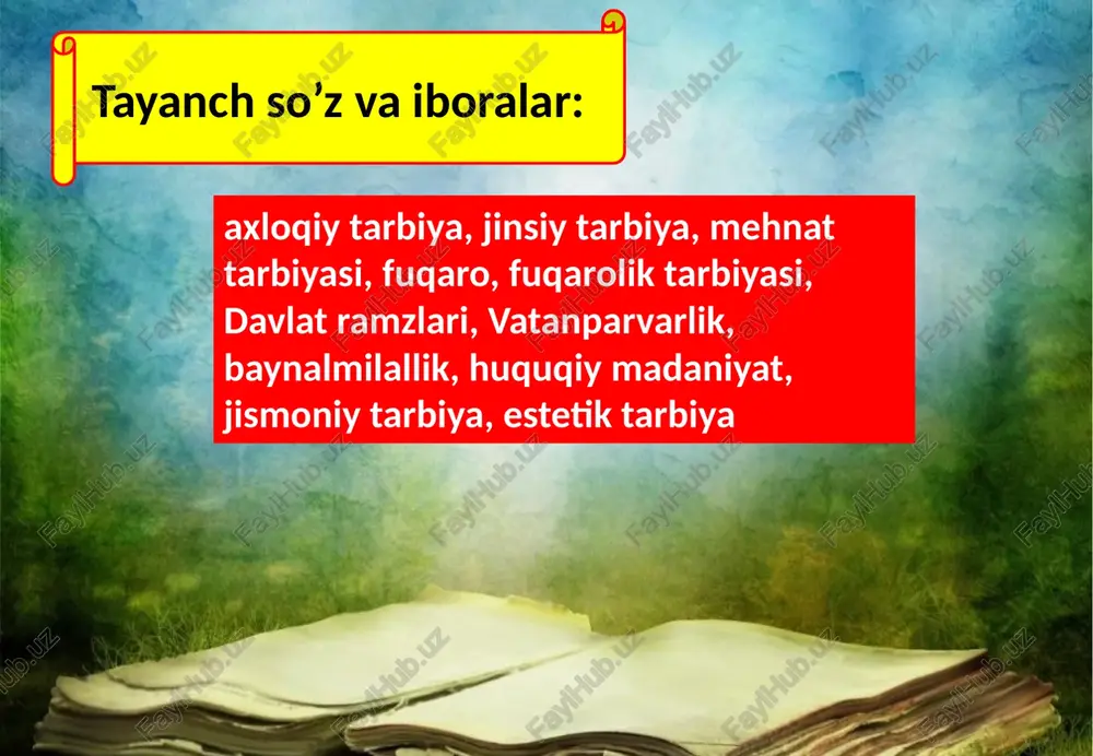 chilik fikri bilan mahqullangan xulq-odob normalari majmuuidoir. ma’naviy-axloqiy tarbiyani tashkil etish ijtimoiy tarbiyaning muvaffaqiyatini tahminlovchi eng muhim omil sanaladi. ma’naviy-axloqiy ta’lim va tarbiya o’zaro bog’liqlik, uzviylik, aloqadorlik ham-da dialektik xarakterga ega bo’lib, shaxs ma’naviy-axloqiy kamo-lotini shakllantirish asosi hisoblanadi. ma’naviy-axloqiy ta’lim o’quvchilarga ma’naviy-axloqiy munosabatlar mohiyati to’g’risida tizimlangan bilimlarni berish, ularda ma’naviy-axloqiy bilimlarni egallashga bo’lgan ehtiyojni yuzaga keltirish ma’naviy-axloqiy ongi-ni shakllantirish jarayoni bo’lib, izchil, uzluksiz, tizimli tarzda tash­kil etilishi lozim. ma’naviy ta’sir ma’rifiy ta’sir munosabatlar o’quvchilarning vatanga munosabati o’quvchilarning jamiyatga munosabati o’quvchilarning o’z oilasiga munosabati o’quvchilarning o’z maskaniga munosabati o’quvchilarning bir-biriga munosabati burch vijdon nomus muhabbat insonda axloqning shakllanishi tarbiya vositasi kengroq tushuncha hisoblanib, unda tarbiya vazifalarini hal etish uchun pedagogik maqsadga muvofiq tashkil etilgan har qanday uslubiy yo’llar tushuniladi. bu umumiy tushunchaga, predmetlar, hodisalar, faoliyat ko’rinishlari, texnik imkoniyatlar, obrazlar, pedagog faoliyati va boshqalar kirishi mumkin. tarbiya vositasiga ko’rgazmali qurollar, kitoblar, ommaviy axborot vositalari, umuman olganda, tarbiya jarayonida qo’llanilgan imkoniyatlar barchasi kirishi …
