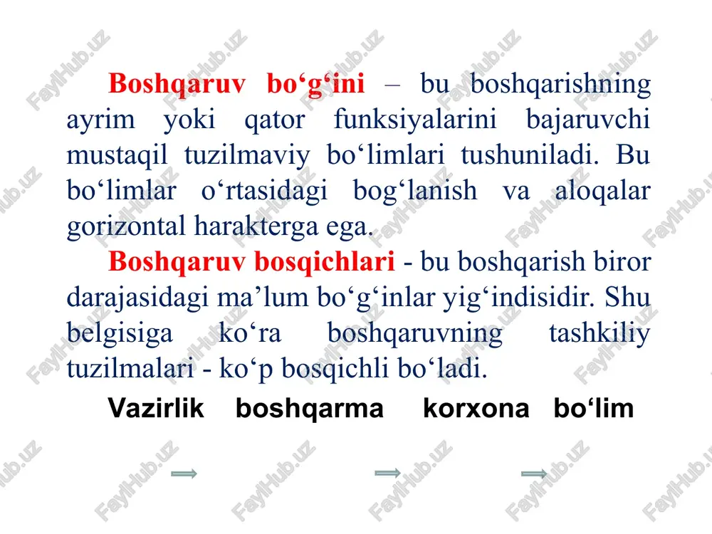 ri tasdiqlab, quyi darajaga yuboradi. funksional xizmatlar ishlab chiqarishning texnik qo‘llab-quvvatlanishini amalga oshiradilar, ishlab chiqarishga rahbarlik qilish bilan bog‘liq masalalarni hal qilish variantlarini tayyorlaydilar, to‘g‘ri chiziqli rahbarni rejalashtirish, moliyaviy hisob-kitoblar, moddiy-texnik ta’minot va boshqa masalalardan ozod qiladilar. tashkiliy tuzilma boshqaruvning yuqori operativligini ta’minlaydi. firma qanchalik yirik bo‘lsa, u shunchalik shoxlab ketgan apparatga ega bo‘ladi. shu munosabat bilan vazifaviy xizmatlar faoliyatini muvofiqlashtirish yoki o‘z ixtiyorida kompyuter texnikasiga ega bo‘lgan yuqori malakali xodimlarga ega yirik ixtisoslashgan bo‘linmalarni tashkil etish haqidagi masala vujudga keladi. matritsali tashkiliy tuzilma - chiziqli va loyiha bo‘yicha boshqaruv tuzilmalarining birlashtirilishi natijasida quriladi. chiziqli boshqaruv prinsipi saqlanib qolinadi, loyiha bo‘yicha boshqarishga mos ravishda esa mavzularni, ilmiy izlanishlar bo‘yicha dasturlar, loyihalashtirish texnologik tayyorgarlik eksperimental ishlab chiqarish mahsulotini tayyorlash, sotish va x.k.lar tashkil qilinadi. direktor sex boshlig'i sex boshlig'i sex boshlig'i usta usta usta usta usta usta korxona direktori sex boshlig'i sex boshlig'i sex boshlig'i usta usta usta usta usta usta …