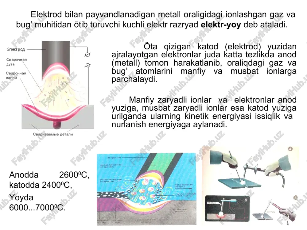 rishtiriladi. moy va zangdan tozalangan elektrod simi qoplama pastasi bilan bilan mahsus press silindrlari ko’zasidan 4 - 5 mpa bosimda ōtkaziladi. elektrod qoplamasi yorilmasligi uchun elektrodlar 40-500c quritiladi, keyin 350-4000c gacha qizdiriladi. §4. metallarni plastik (bosim yordamida) payvandlash bosim yordamida payvandlash mashinalari asosan ōzgaruvchan tokda ishlaydi. tok kuchi 1000-100000 a, tok kuchlanishi 1,5-2 v, payvandlash vaqti 0,1-10 sek. plastik usulida payvandlashning uchta usuli mavjud: uchma-uch, nuqtaviy va rolikli usullar. uchma-uch payvandlash. bu usulda payvandlash yuzalaridan katta kuchli tok yuboriladi, kontakt yuzalari qizigandan keyin bosim ortirib boriladi. kontakt yuzalar eziladi atomlar ōzaro bog’lanadi va sifatli payvand choki hosil bōladi. nuqtaviy payvandlash. ustma – ust qōyilgan 0,2 - 8 mmli listlar tagidan va ustidan elektrodlar orasiga qisiladi, tok zanjiri ulangandan keyin, kontakt nuqtada metall ezilib, payvandlanadi. roliklar bilan payvandlash. bu usulda qalinligi 0.3 – 3 mm gacha bōlgan pōlat, alyuminiy va mis qotishmalaridan germetik birikmalar, jumladan, rezervuarlar, baklar tayyorlanadi. bunda elektrodlar ōrniga …