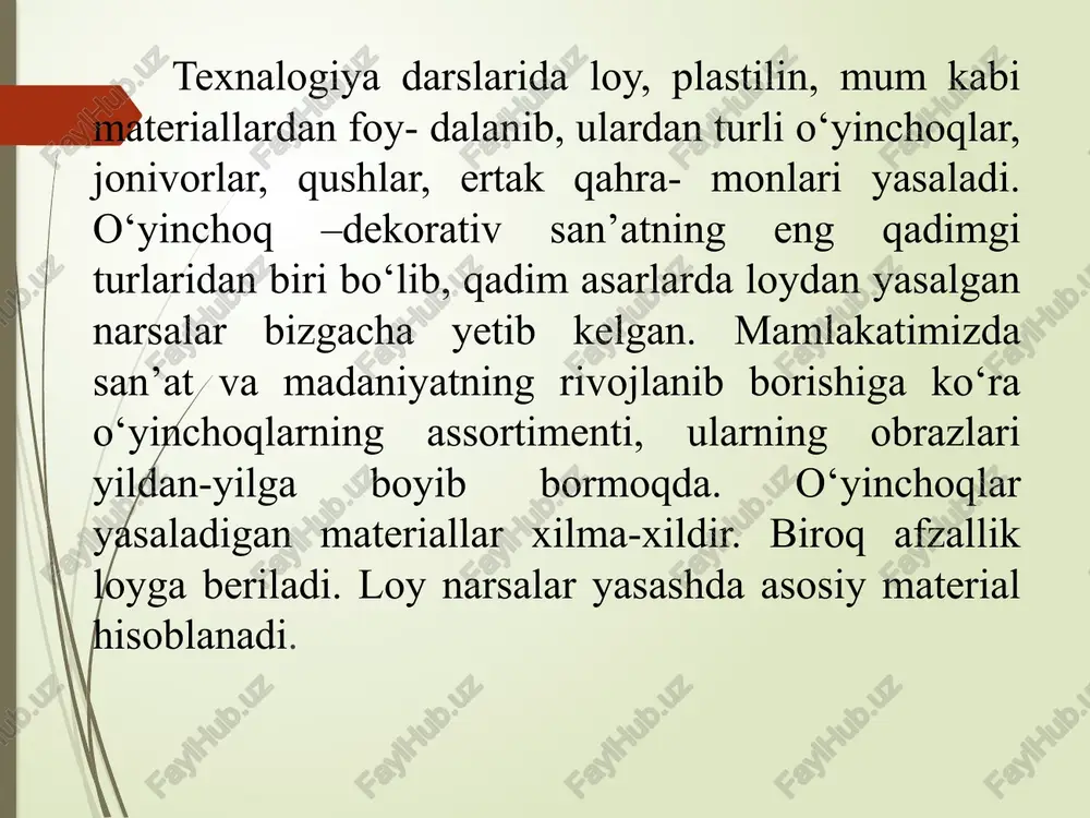 izg‘ich va burchaklar kabi o‘lchov asbob- lari modellarni chizish va o‘lchash ishlarida kerak bo‘ladi. tayyor narsalardagi changlarni yo‘qotish, loy narsalarni supurib tashlash, narsani solish va unga narsalar surtish jarayonida har xil mo‘yqalamlar bo‘lishi maqsadga muvofiqdir. haykaltaroshlik haqida qisqacha ma’lumot. haykaltaroshlik – tasviriy san’at turlaridan biridir. san’atning bu turining xususiyati tasvirning hajmi – formasidir. plastik tasvirlar orasida aylana haykal- taroshlik yolg‘iz tur emas. undan tashqari, barelyef va gorelyef ham mavjud, relyef aylana haykaltaroshlikdan farq qilib, yassi sathda aks etadi. bu haykaltaroshlik turlaridan idish-tovoq sathini, binolarning old tomoni, interyeri va shu kabilarni bezashda foydalaniladi. loy va plastilin bilan ishlashda kerak bo‘ladigan usullar: 1. yumaloqlik – bu parcha loydan shar yasash, unga olcha, olma kabilar shaklini berishdir. 2. bir bo‘lak loydan kaftda aylana harakatlar bilan shar yasaladi. 3. shar yasash, so‘ngra uzunasiga harakatlar bilan uni tuxum, ustun kabilarga aylantirish. 4. yassilash – sharchadan yassi non yasaladi, qo‘lning holati doimo o‘zgarib turadi. 5. yumoloq …