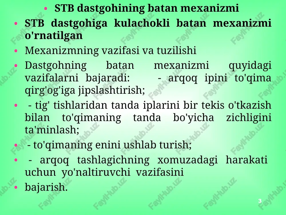 ruvchi taroq tishlarining to'g'ri o'rnatilganligini, ularni zarb va qabul qilish qutilariga nisbatan joylashishi batanning orqa xolatida tekshirib chiqilishi lozim. * ta'lim ma+sadlari bosh val aylanishining 60 gradusida qabul qiluvchi quti tomonidan yo'nal- tiruvchi taroq tishlariga a, s va v kalibrlari kiritiladi. bosh valni zarb xolatiga keltirib a va s kalibrlari yo'naltiruvchi taroqning butun uzunligi bo'yicha zarb qutisi tomoniga suriladi. s kalibri tishlar orasidan engil harakatlanishi lozim, uni surish uchun kerak bo'ladigan kuch 1 nyutondan oshmasligi kerak. kalibrning er- kin harakatlanishiga xalaqit berayotgan tishlar xolati 6-plastinani bo'shatib turib sozlanishi lozim(4.12-rasm). yo'naltiruvchi taroqning tishlari quyidagi tartibda o'r- natiladi: batan osti vali erkin aylanishi uchun roliklar va juftlashtirilgan kulachoklar orasida 0,03 millimetrgacha oraliq qoldirilishi lozim. bu oraliq maxsus paypaslagich yordamida batan qutisining yon tomondagi teshigi orqali valni qo'lda aylantirib o'lchanadi. dastgoh ishlab turgan paytda batan qutisidagi moy miqdorini qutidagi maxsus oynacha orqali muntazam ravishda nazorat qilib turish lozim. moy satxi oynachaning 2/3 qismidan …