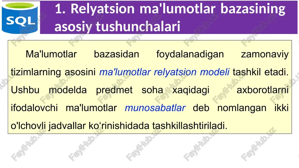 yo'li atribut nomidan foydalanishdir. 9 1. relyatsion ma'lumotlar bazasining asosiy tushunchalari relyatsion ma'lumotlar bazalaridagi ma'lumotlar, odatda, bitta munosabat-jadvallarida emas, balki bir nechta munosabat-jadvallarda saqlanadi. o'zaro bog'langan bir nechta jadvallar yaratilganda, ma'lumotlar bilan murakkabroq operatsiyalarni bajarish, ya'ni murakkab ishlov berish mumkin bo'ladi. bir nechta jadvaldagi tegishli ma'lumotlar bilan ishlash uchun tashqi kalitlar deb nomlanuvchi tushunchasi muhim hisoblanadi. 10 1. relyatsion ma'lumotlar bazasining asosiy tushunchalari jadvalning tashqi kaliti - bu jadvalning atributi (atributlar / atributlar to'plami), uning har bir qiymati jadvalning hozirgi holatida har doim boshqa jadvaldagi kalit atributlari qiymatiga mos keladi. tashqi kalitlar turli jadvallardagi atribut qiymatlarini bog'lash uchun ishlatiladi. tashqi kalitlar yordamida ma'lumotlar bazasining murojaat yaxlitligi deb ataladidigan, ya'ni aynan bir xil ob'ektlarni tavsiflovchi, lekin turli xil jadvallarda saqlanadigan ma'lumotlarning mosligi ta'minlanadi. 11 2. sql va protsedurali dasturlash tillari o'rtasidagi farqlar sql protsedurali bo'lmagan dasturlash tillari sinfiga kiradi. ma'lumotlar bazasi bilan ishlash uchun ham ishlatilishi mumkin bo'lgan universial protsedurali tillardan …